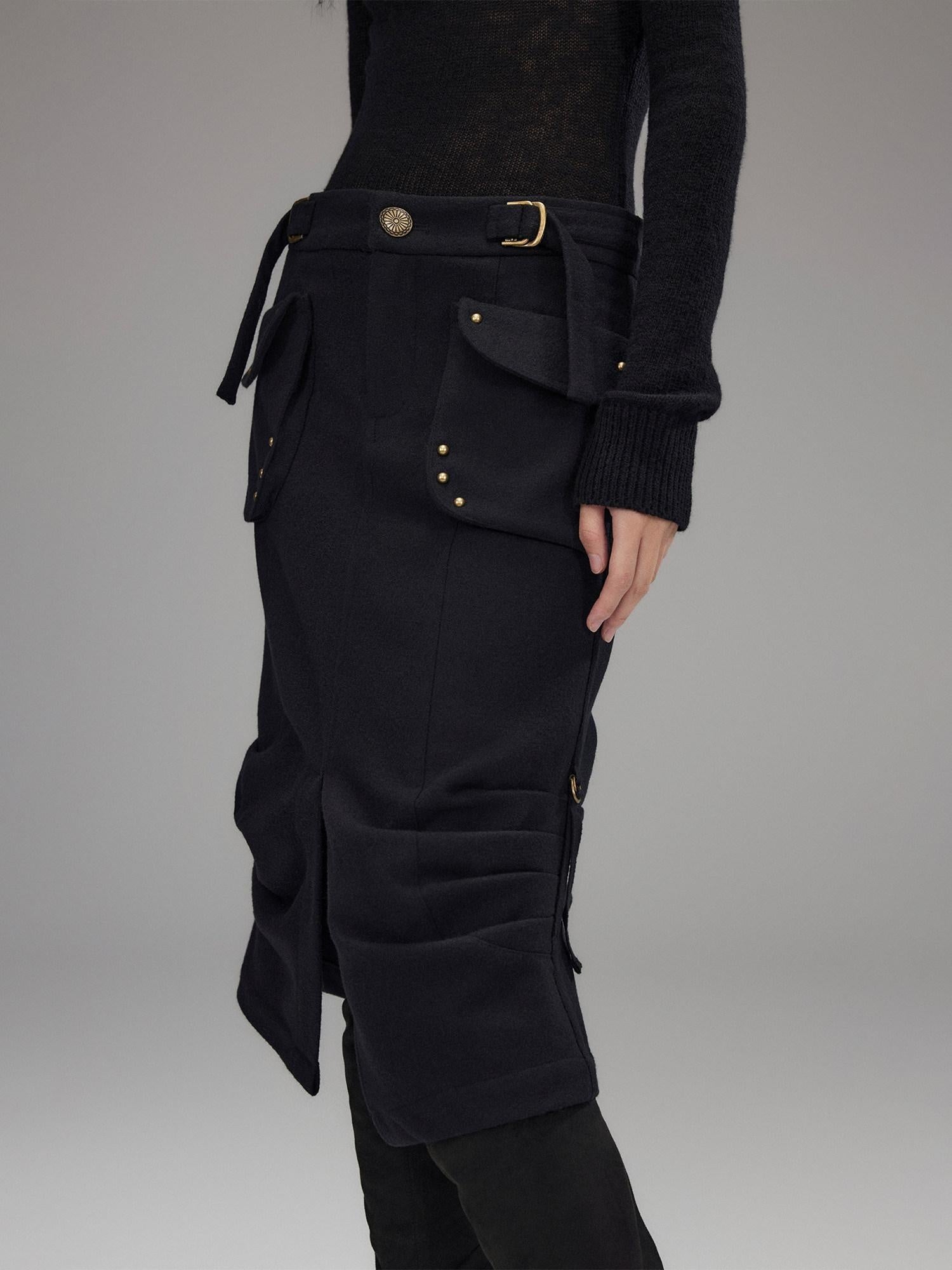 Low pixel Wool Blend Low Rise Cargo Pockets Front Slit Hline Casual Black Midi Skirts