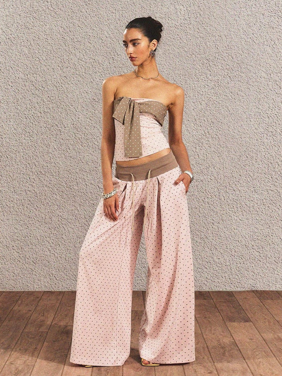 The NeverMore Polka Dot Cotton Two Piece Colorblock Sexy High Waist Pants Tube Tops