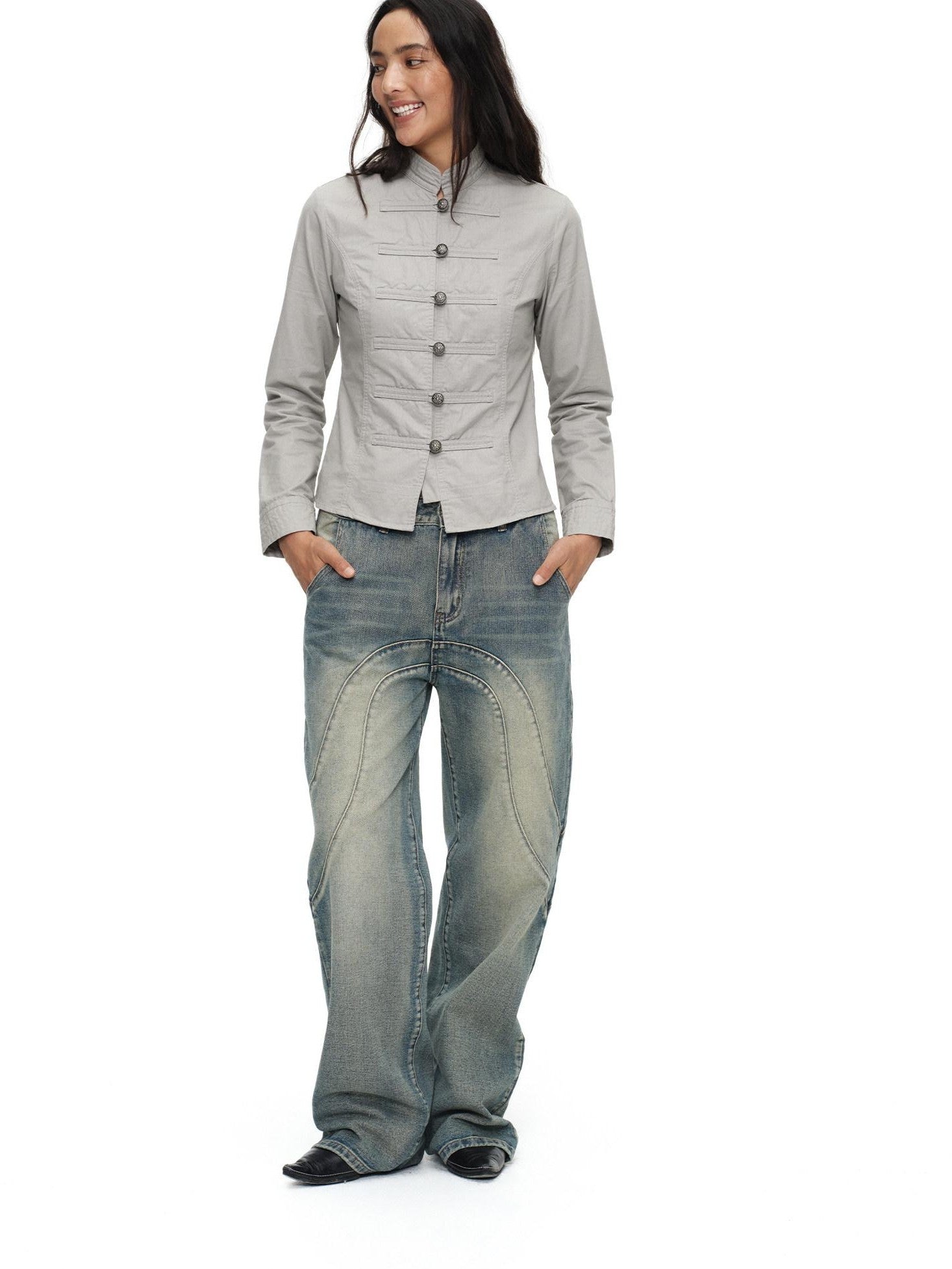 oinimi Star Gray Washed Napoleon Button Stand Collar Fitted Waist Women&