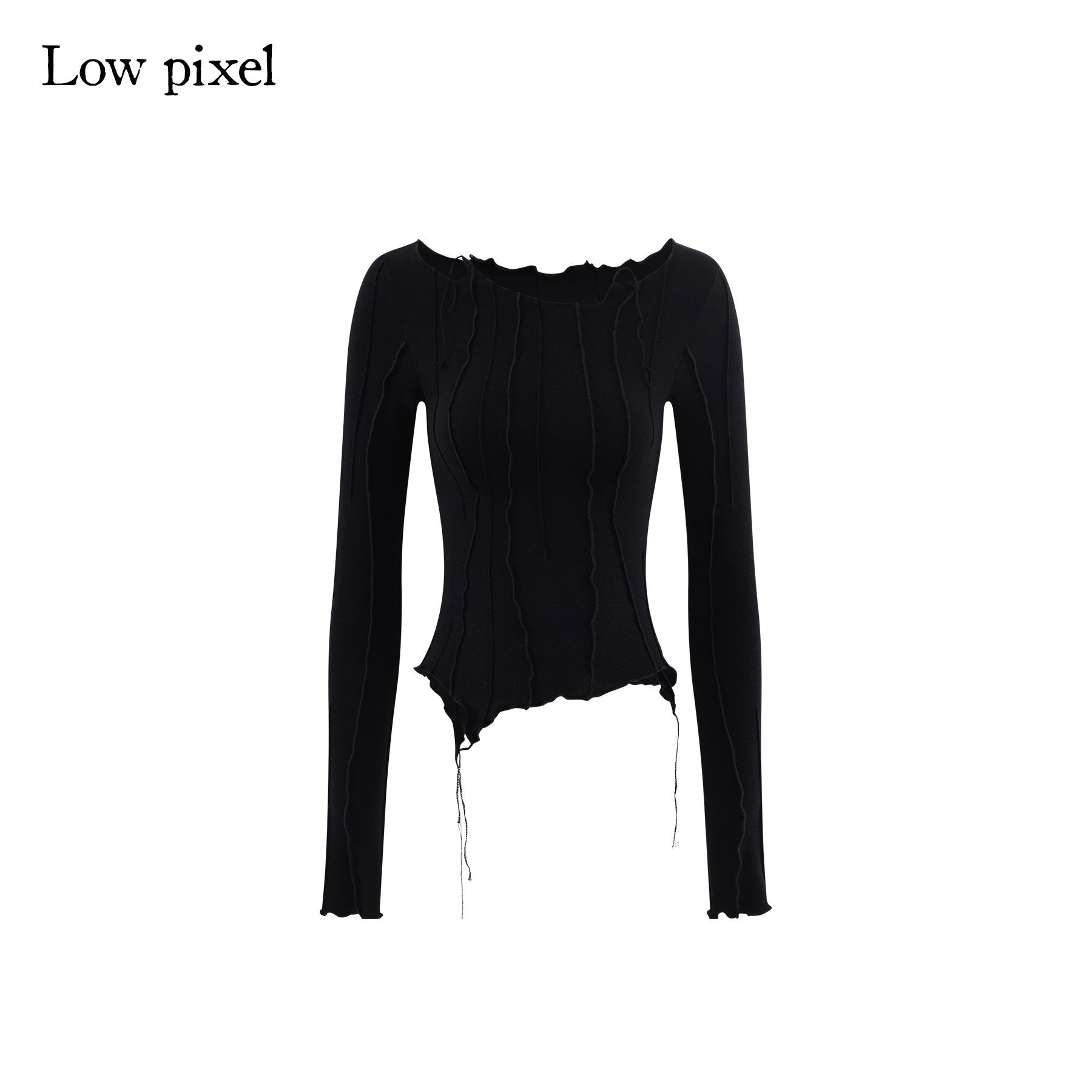Low_pixel_Patchwork_V-neck_Slim_Street_Girls_Lyocell_Black_Long_Sleeve_T-Shirts_MISSTT