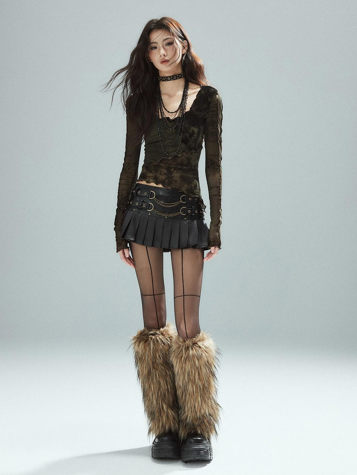 Low pixel Low Waist Pleated A Line Street Patchwork Chain Zipper Lined Black Mini Skirts
