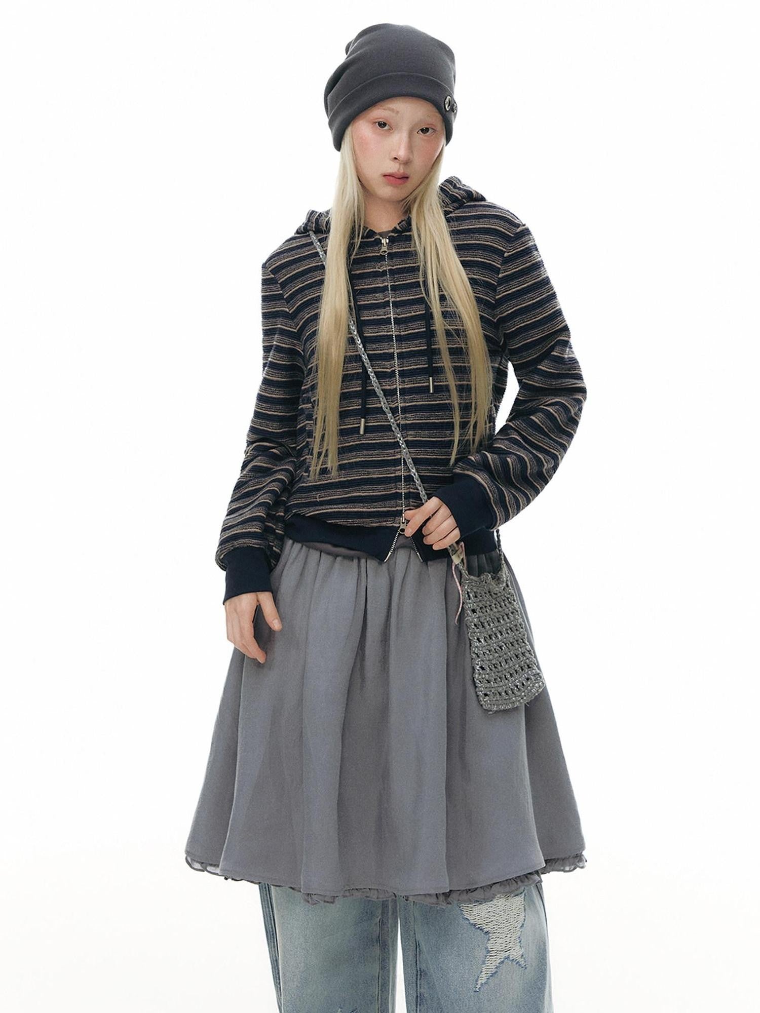 NAPSNAPS Gray Blue Lace Puff Sleeves Cardigan Women&
