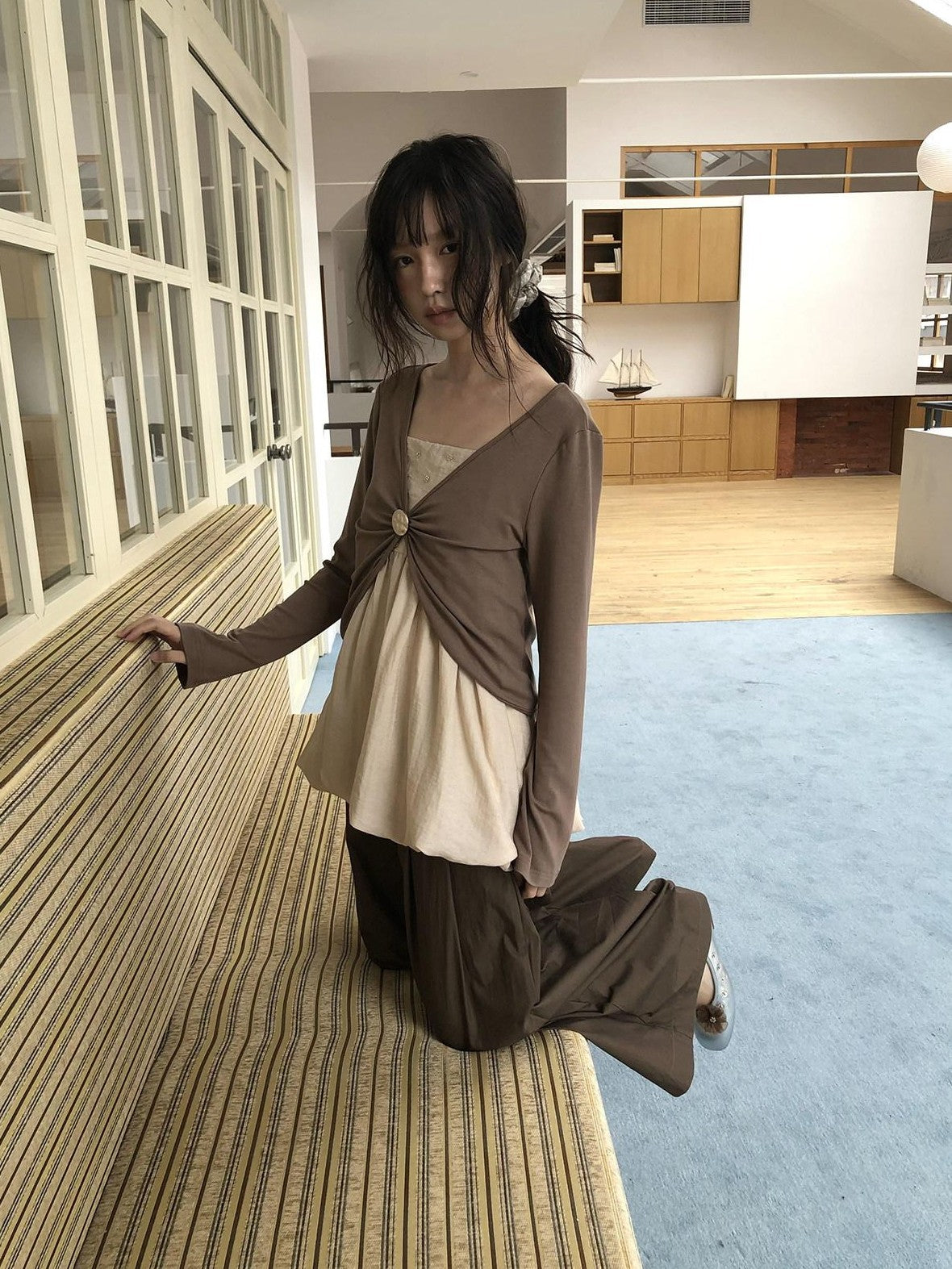 Dorydory Apricot Beige Beaded Square Neck Tulip Hem Women&