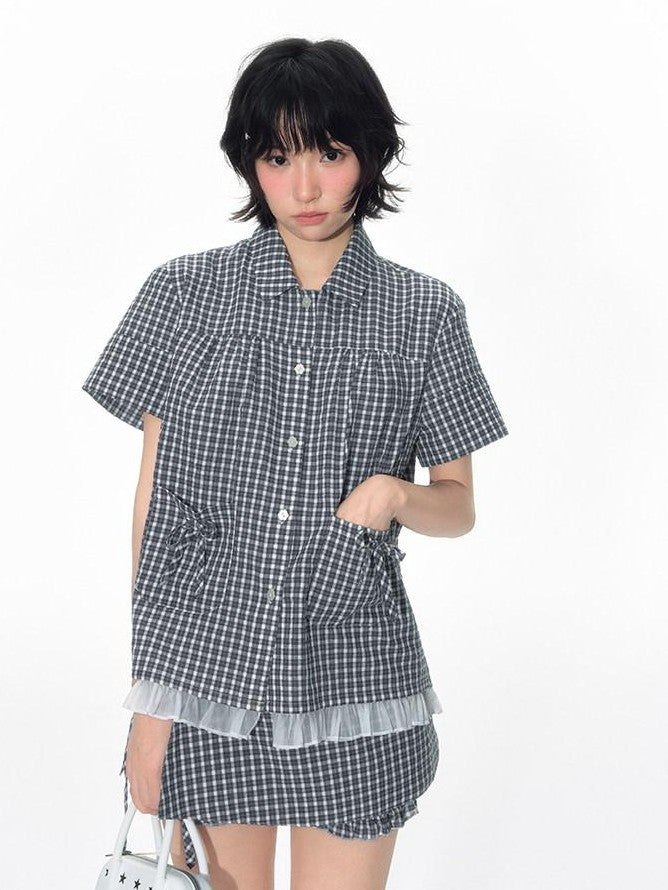 NAPSNAPS Check Patchwork Two Piece Illusion Spliced Gauze Women&