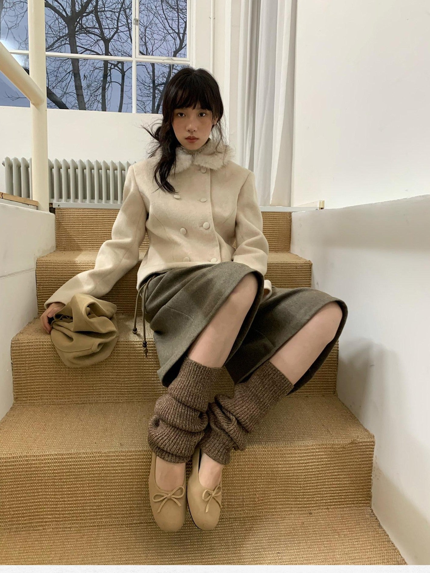 Dorydory Faux Fur Collar Double Breasted Straight Cut Women&