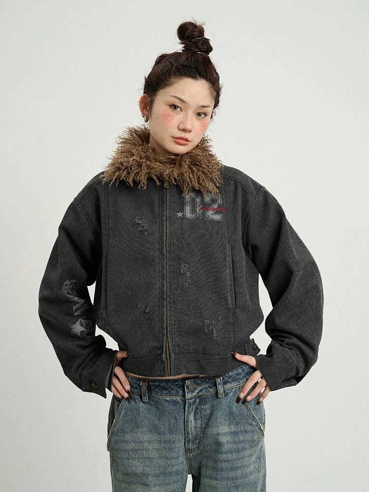 Achihara 2025 Spring Short Faux Fur Collar Jacket Women