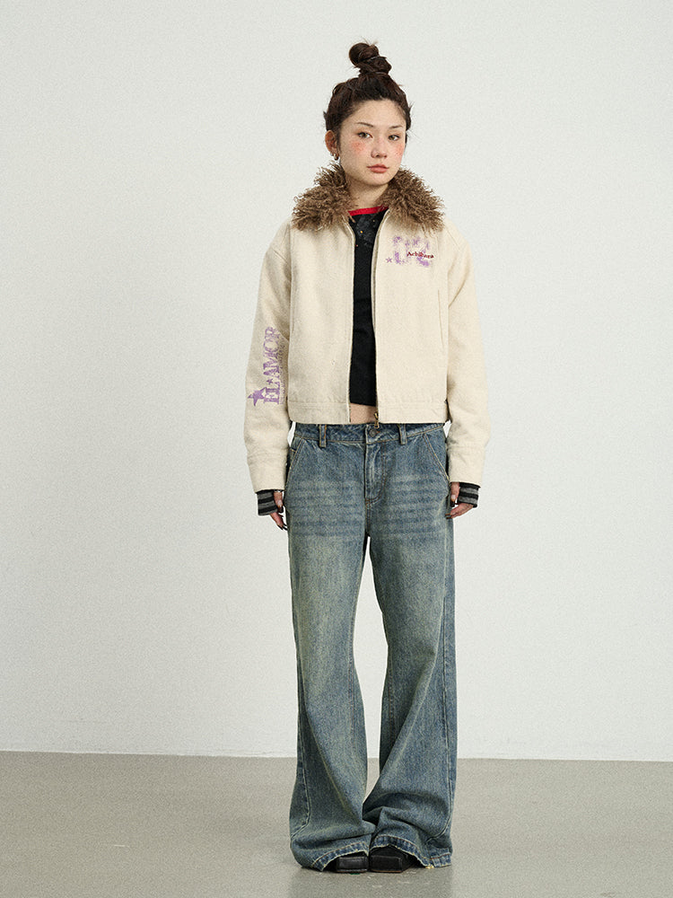 Achihara 2025 Spring Short Faux Fur Collar Jacket Women