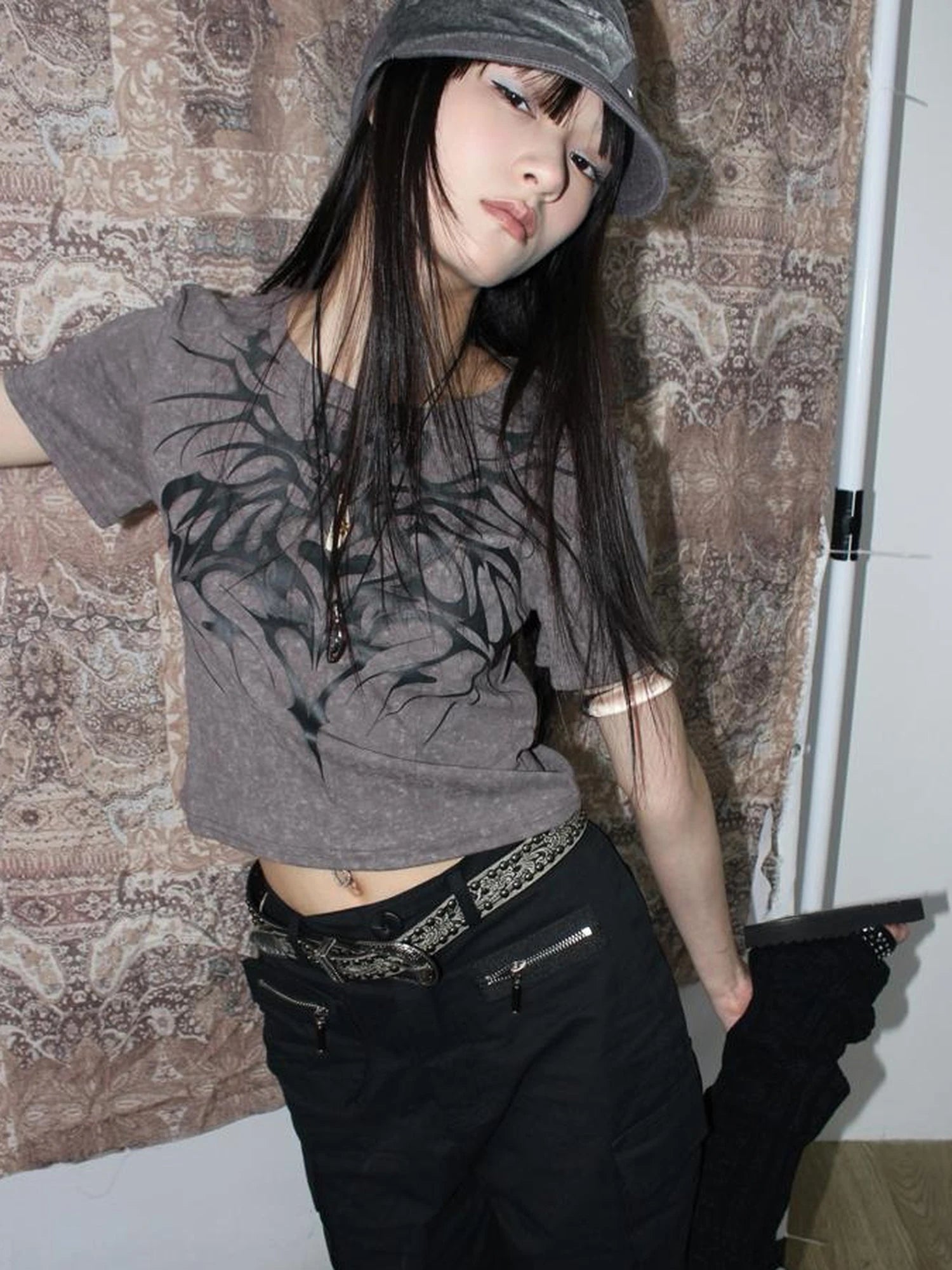 Antique Y2K Embossed Silver Gray Studded Belt