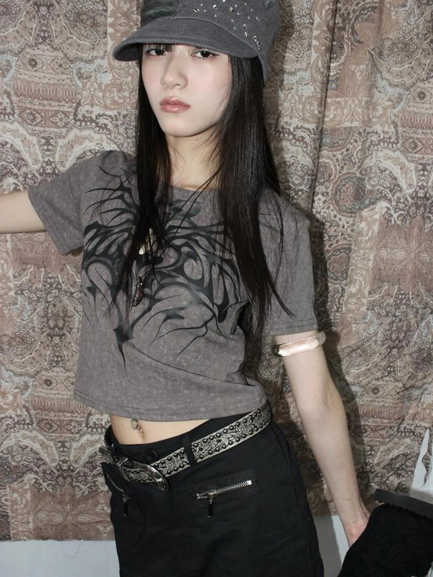 Antique Y2K Embossed Silver Gray Studded Belt