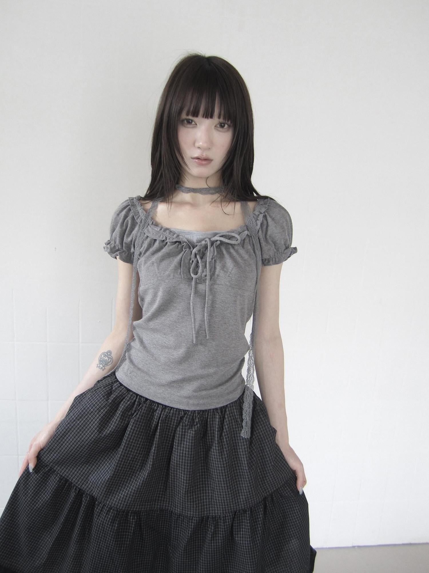 ang project Apricot Gray Puff Sleeve Ruffle Tie Square Neck Cropped Women&