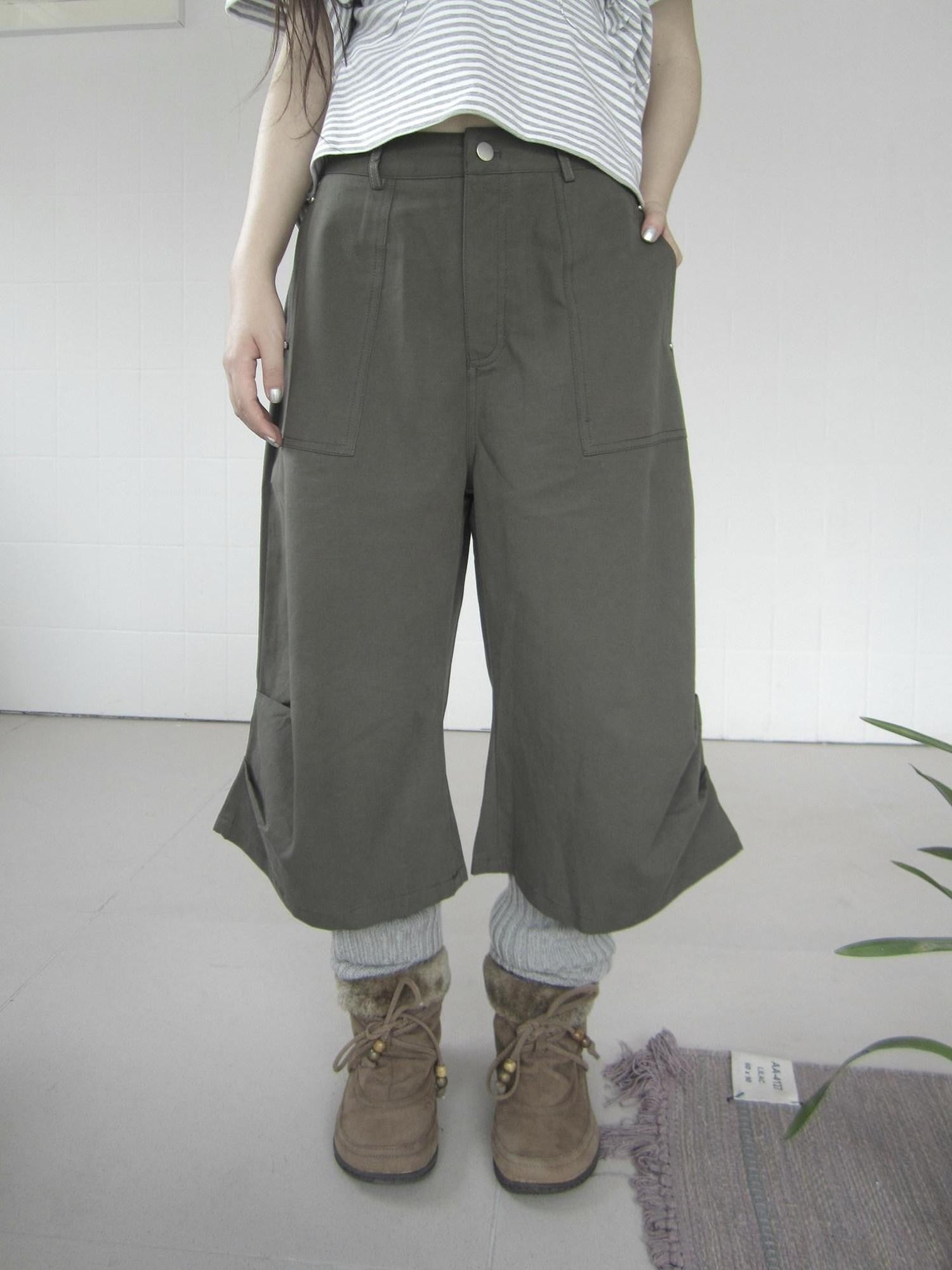 ang project Army Green Pressed Pleat Rivet Flared Wide Leg Women&