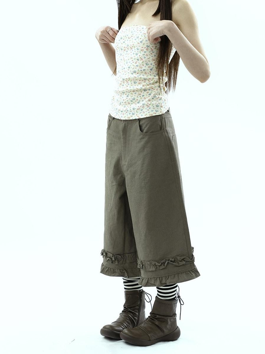 ang project Army Green Ruffle Trim Spliced Relaxed Wide Leg Women&