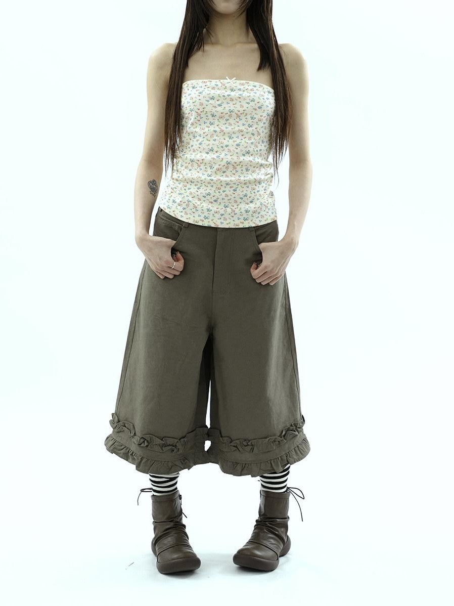 ang project Army Green Ruffle Trim Spliced Relaxed Wide Leg Women&