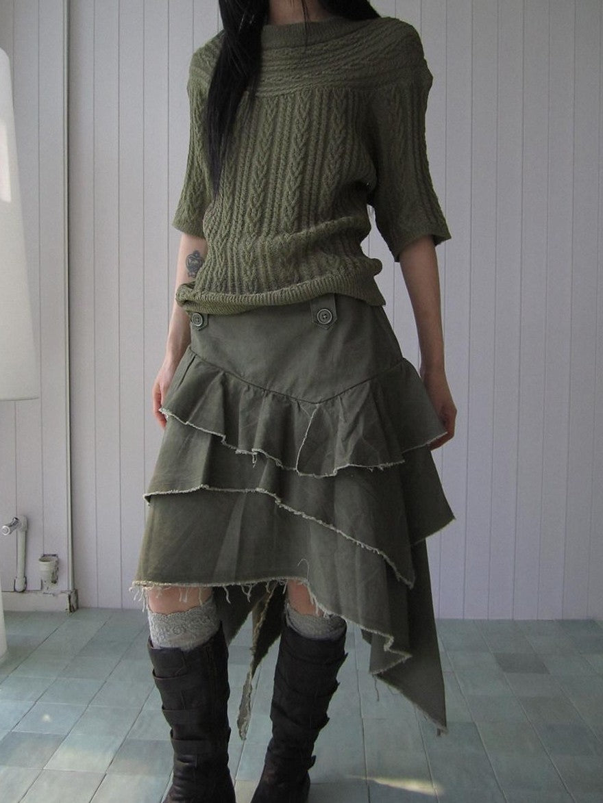 ang project Army Green Torn Edge Layered Asymmetrical High Waist Workwear Women&