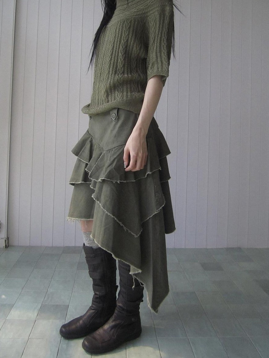 ang project Army Green Torn Edge Layered Asymmetrical High Waist Workwear Women&