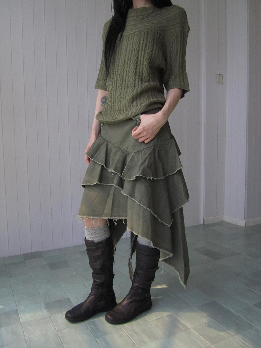 ang project Army Green Torn Edge Layered Asymmetrical High Waist Workwear Women&