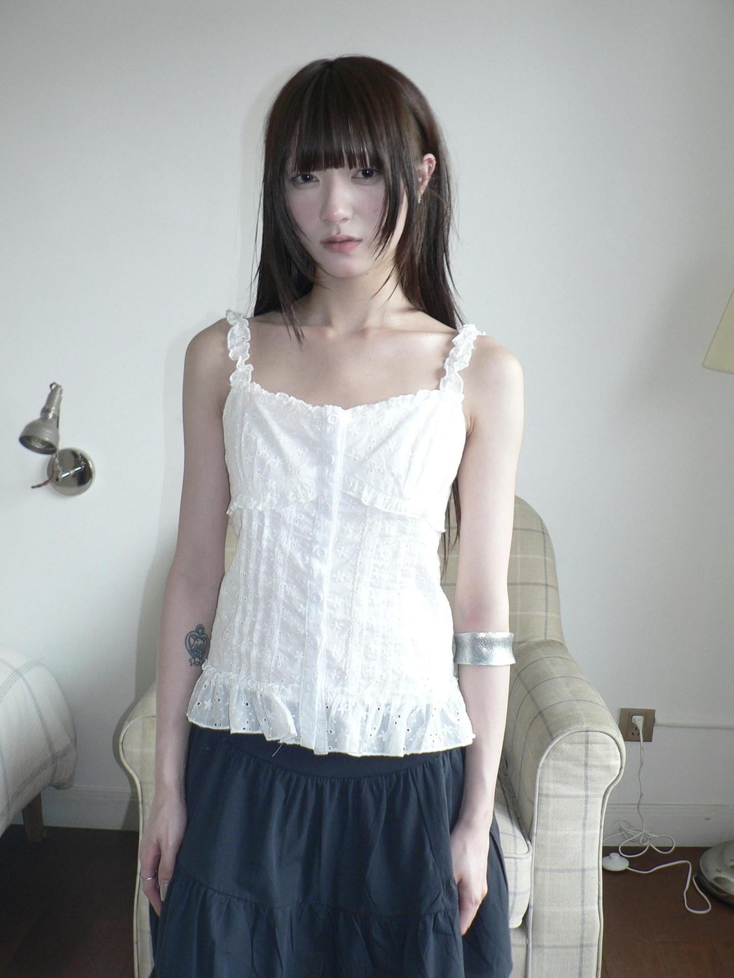 ang project Asian Vintage Cutout Lace Panel Ruffle Edge Waist Women&