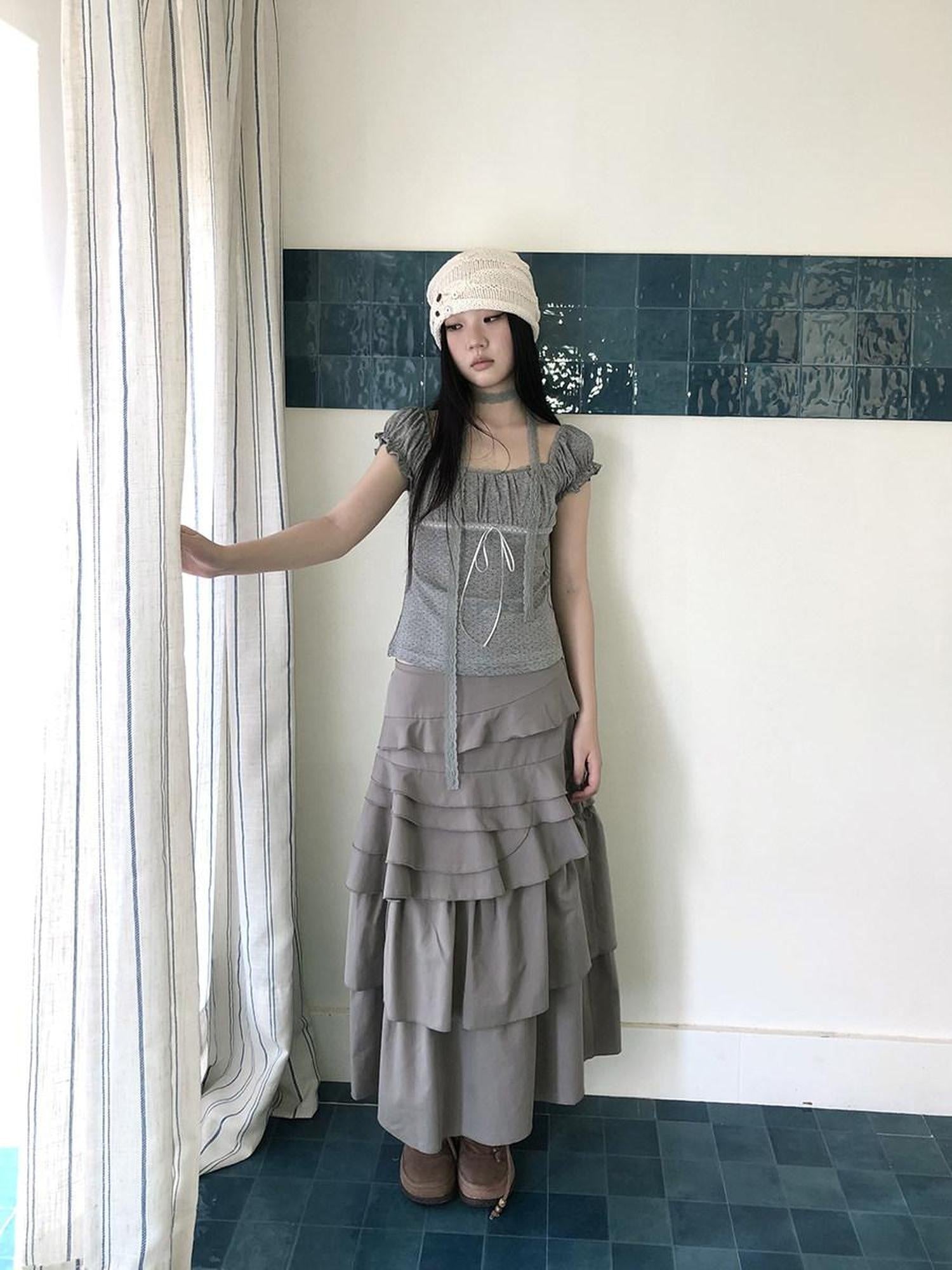 ang project Asymmetric Pleated Korean High Waist Light Gray Tiered Women Maxi Skirt