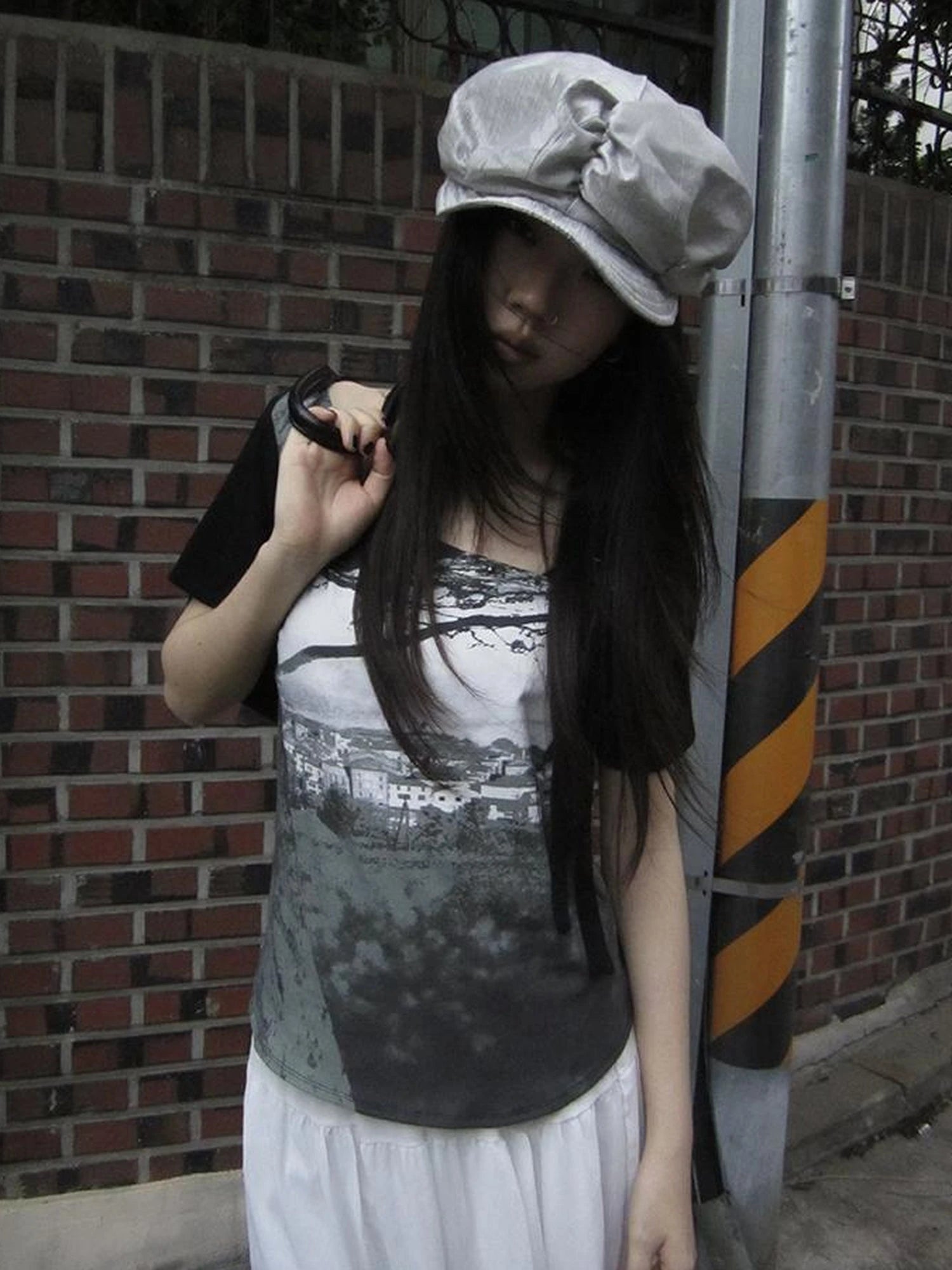 Asymmetric Shoulder Color Block Print Tee