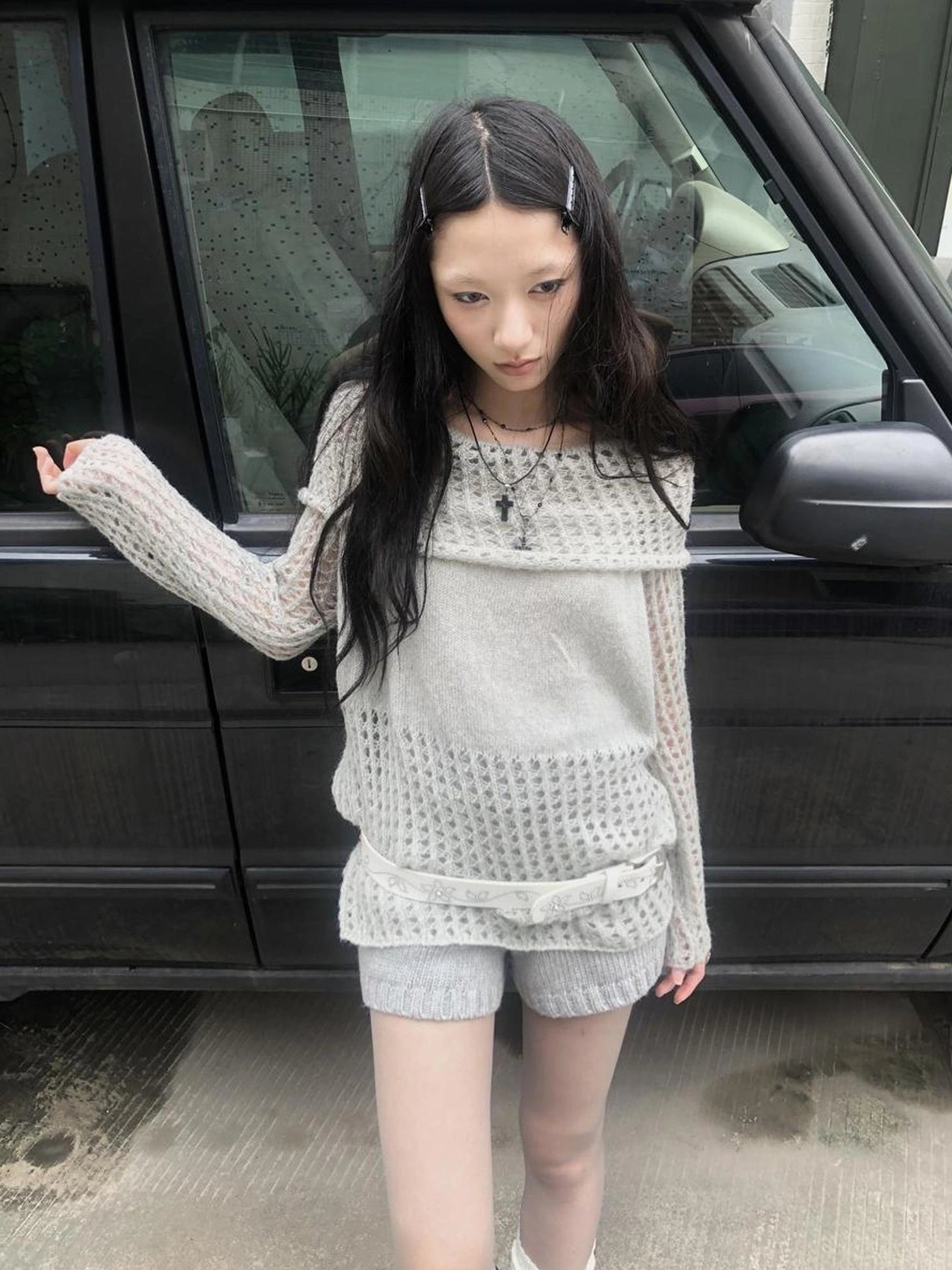 ang project Asymmetric Shoulder Distressed Knit Sweater Cardigan