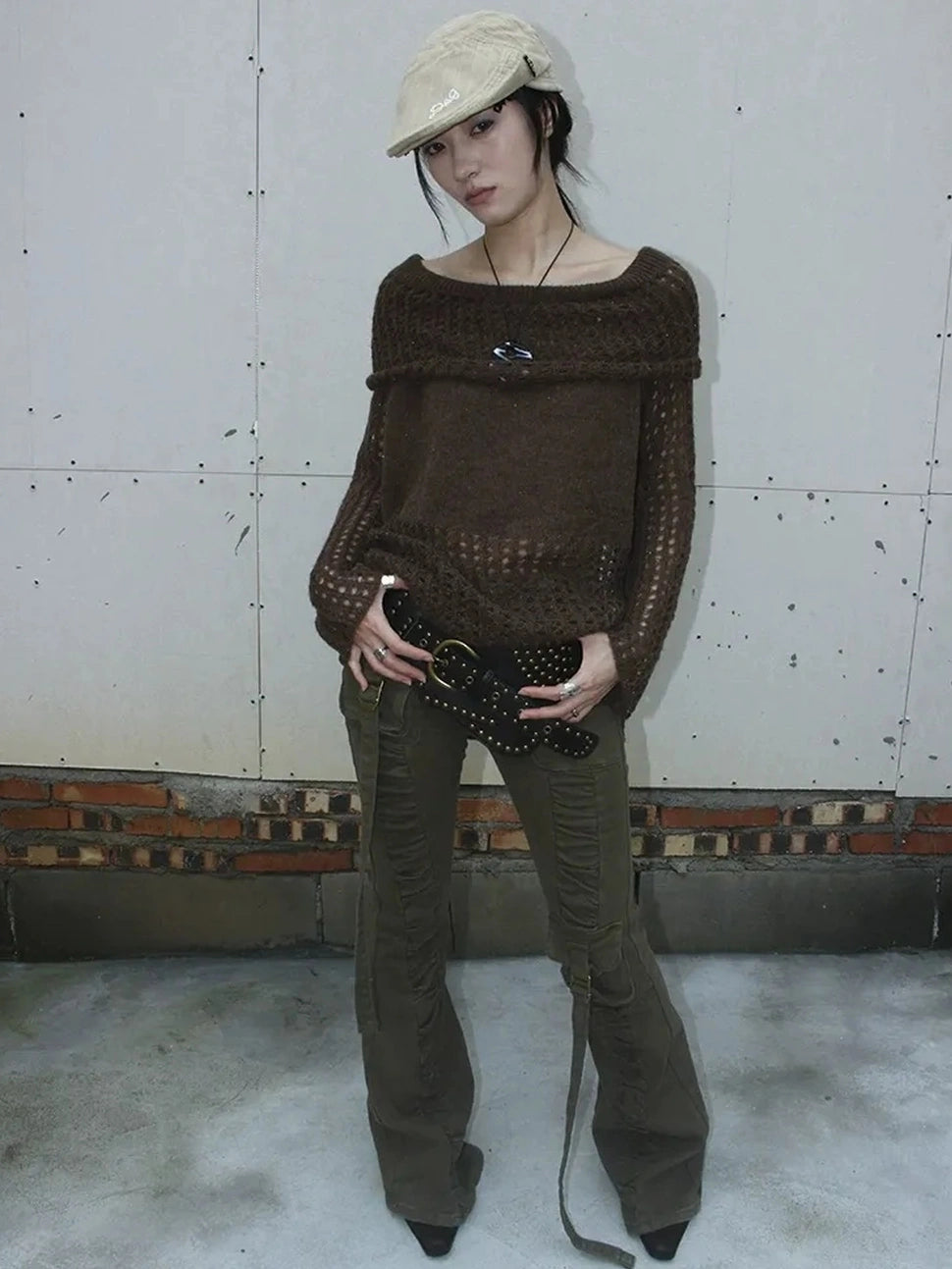 ang project Asymmetric Shoulder Distressed Knit Sweater Cardigan