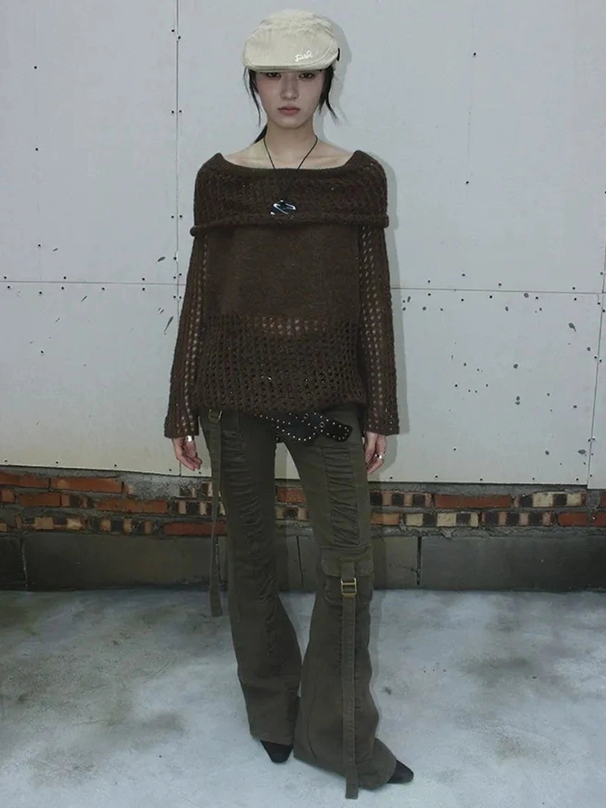 ang project Asymmetric Shoulder Distressed Knit Sweater Cardigan