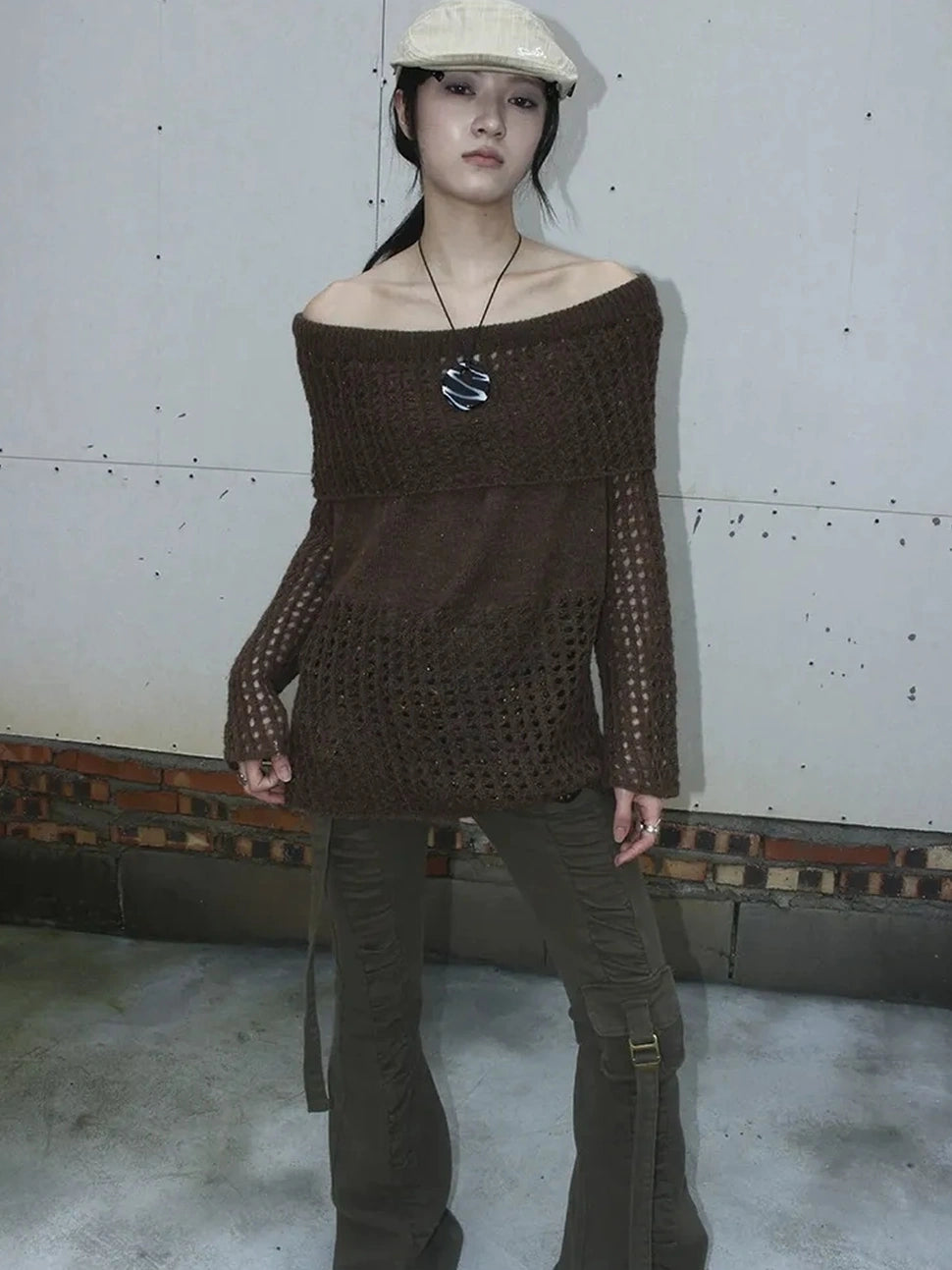 ang project Asymmetric Shoulder Distressed Knit Sweater Cardigan