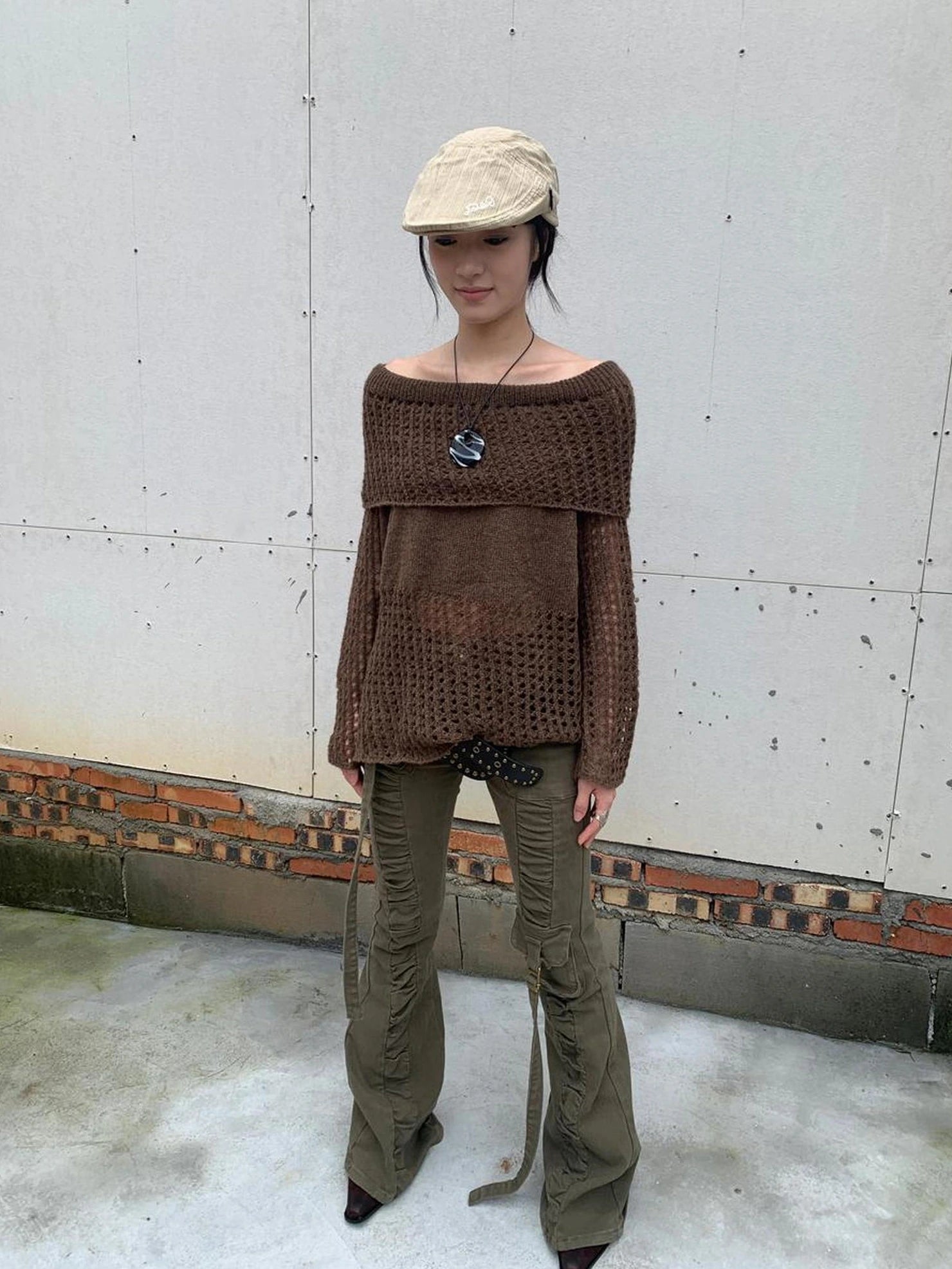 ang project Asymmetric Shoulder Distressed Knit Sweater Cardigan