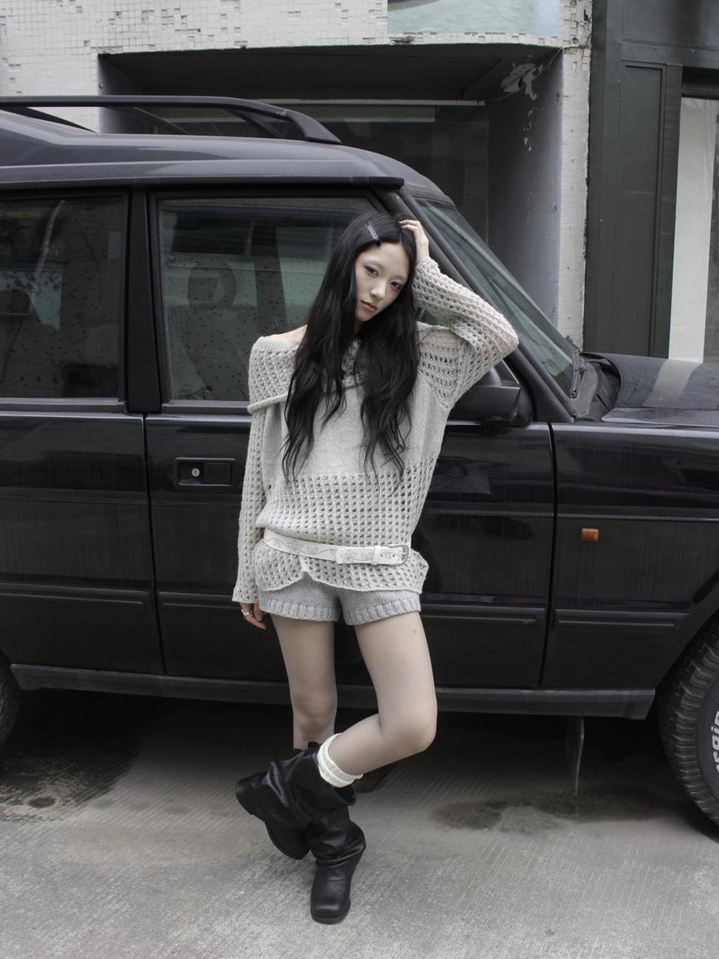 ang project Asymmetric Shoulder Distressed Knit Sweater Cardigan