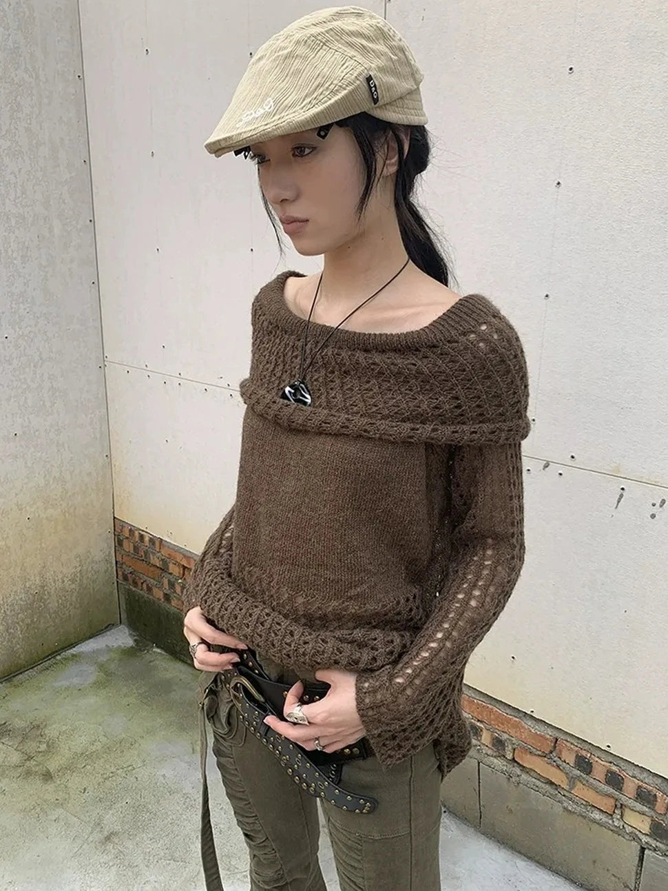 ang project Asymmetric Shoulder Distressed Knit Sweater Cardigan