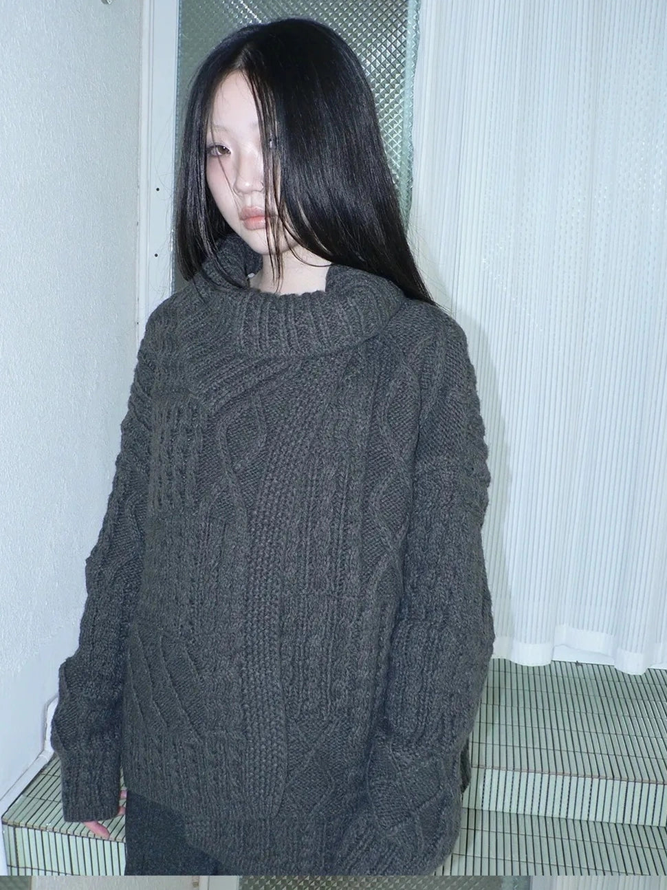 ang project Asymmetrical Cable Knit Cardigan Sweater