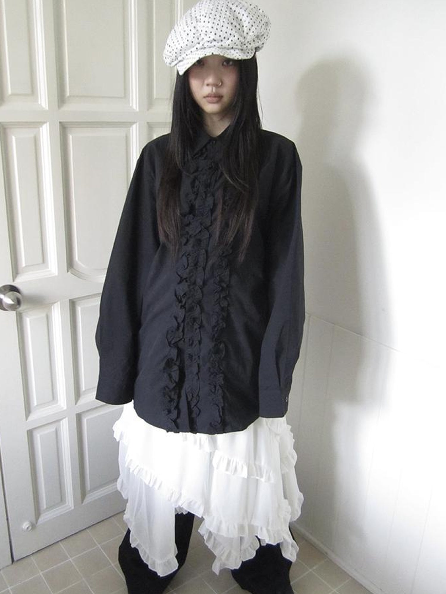 ang project Asymmetrical Hem Ruffle Waistband Skirt