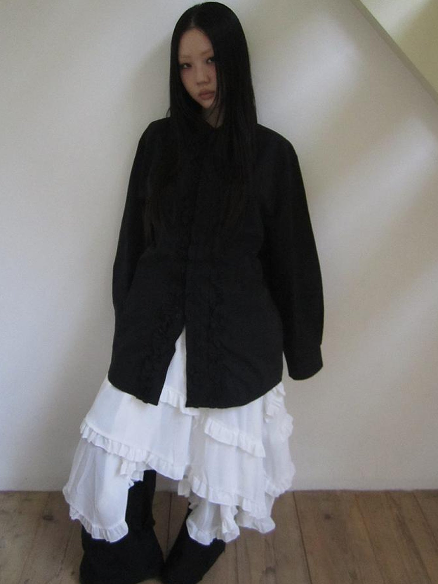 ang project Asymmetrical Hem Ruffle Waistband Skirt