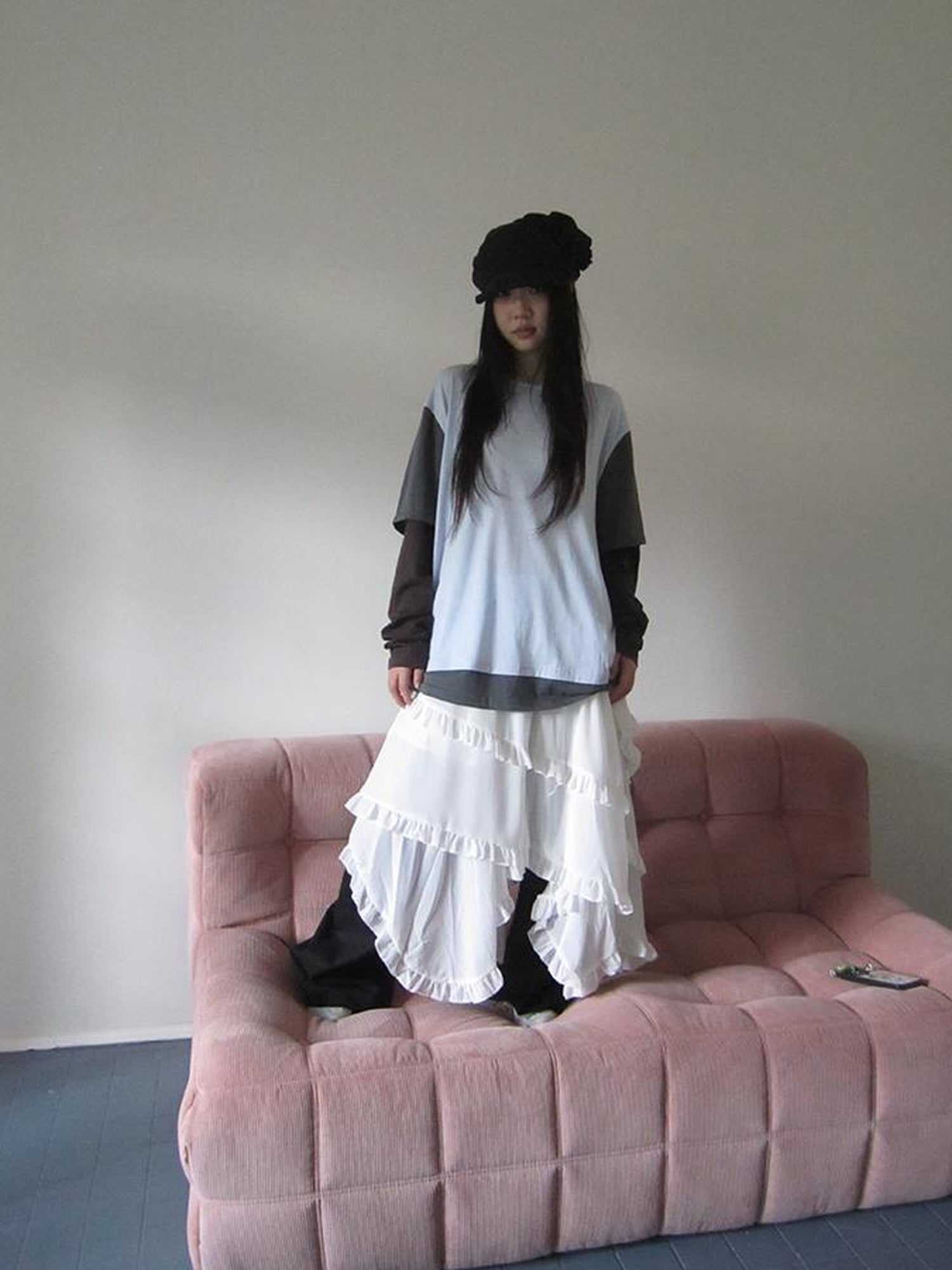 ang project Asymmetrical Hem Ruffle Waistband Skirt