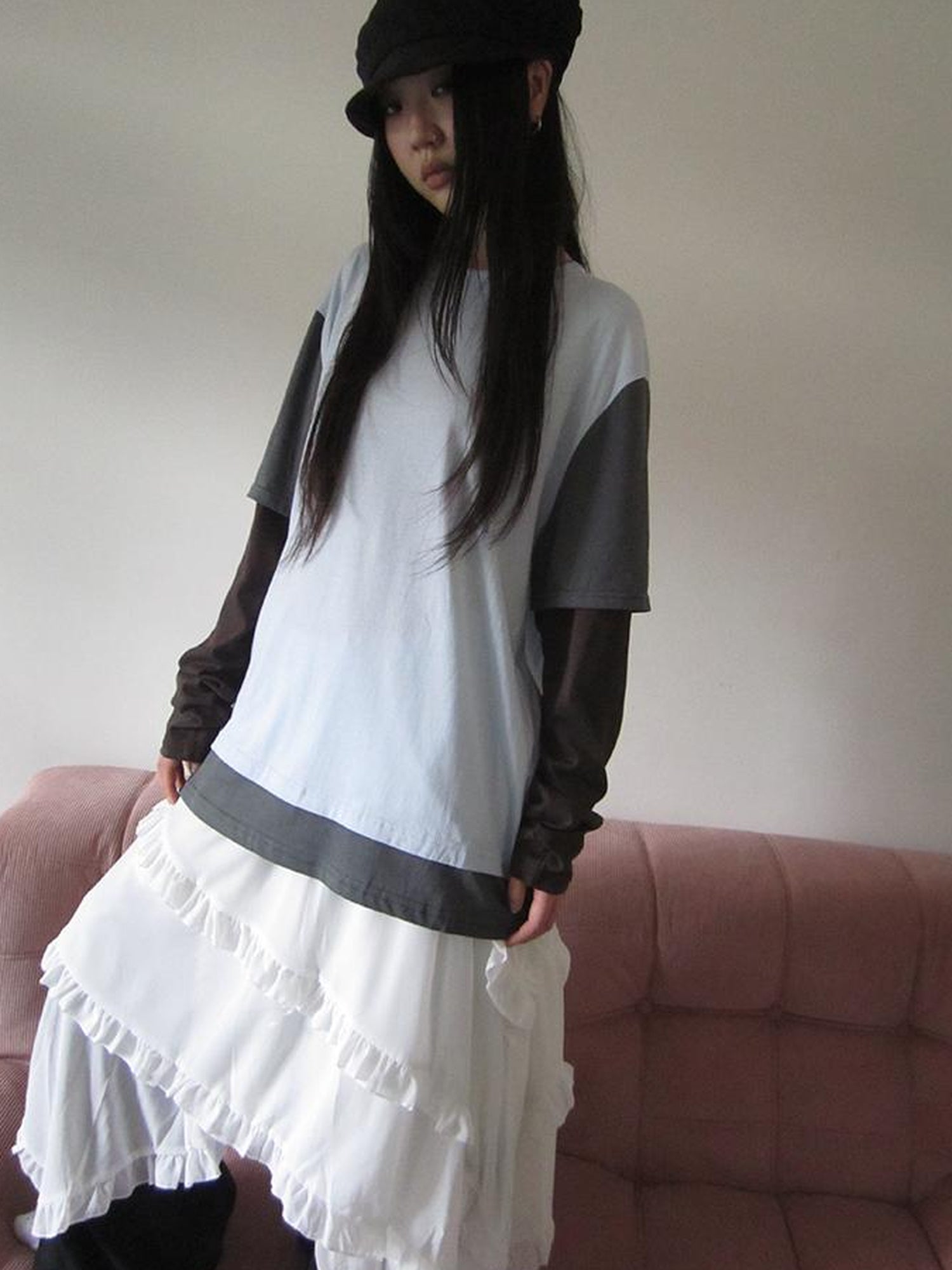 ang project Asymmetrical Hem Ruffle Waistband Skirt