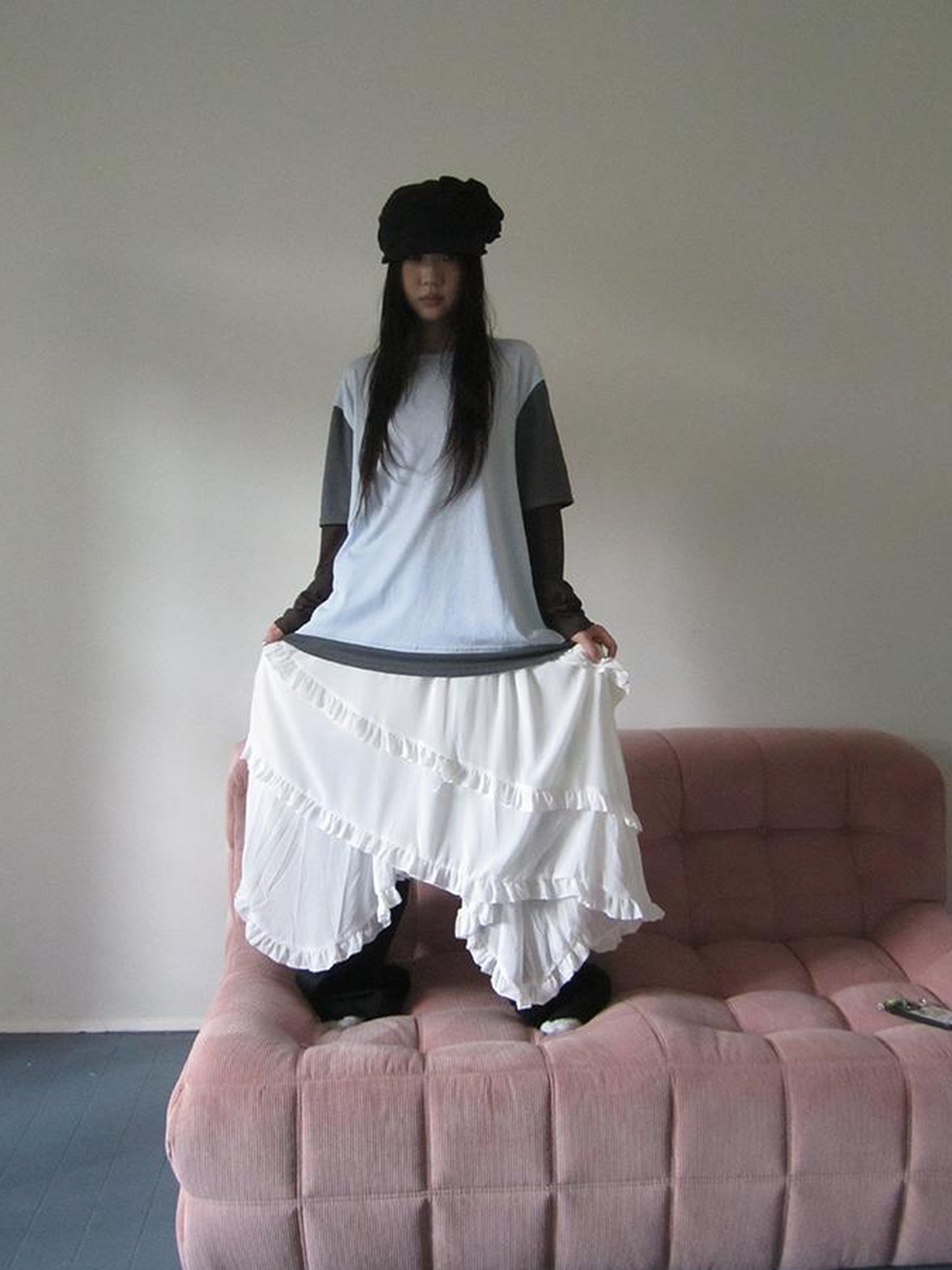 ang project Asymmetrical Hem Ruffle Waistband Skirt