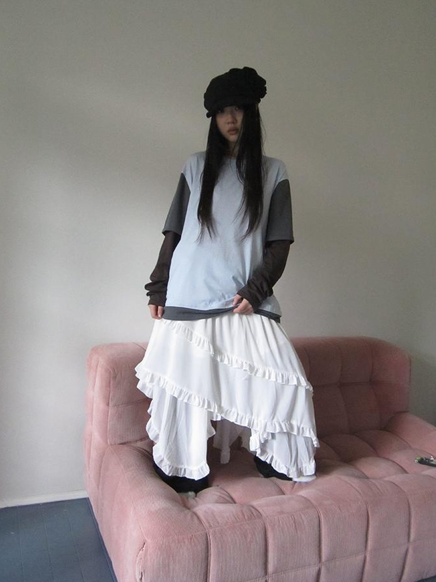 ang project Asymmetrical Hem Ruffle Waistband Skirt