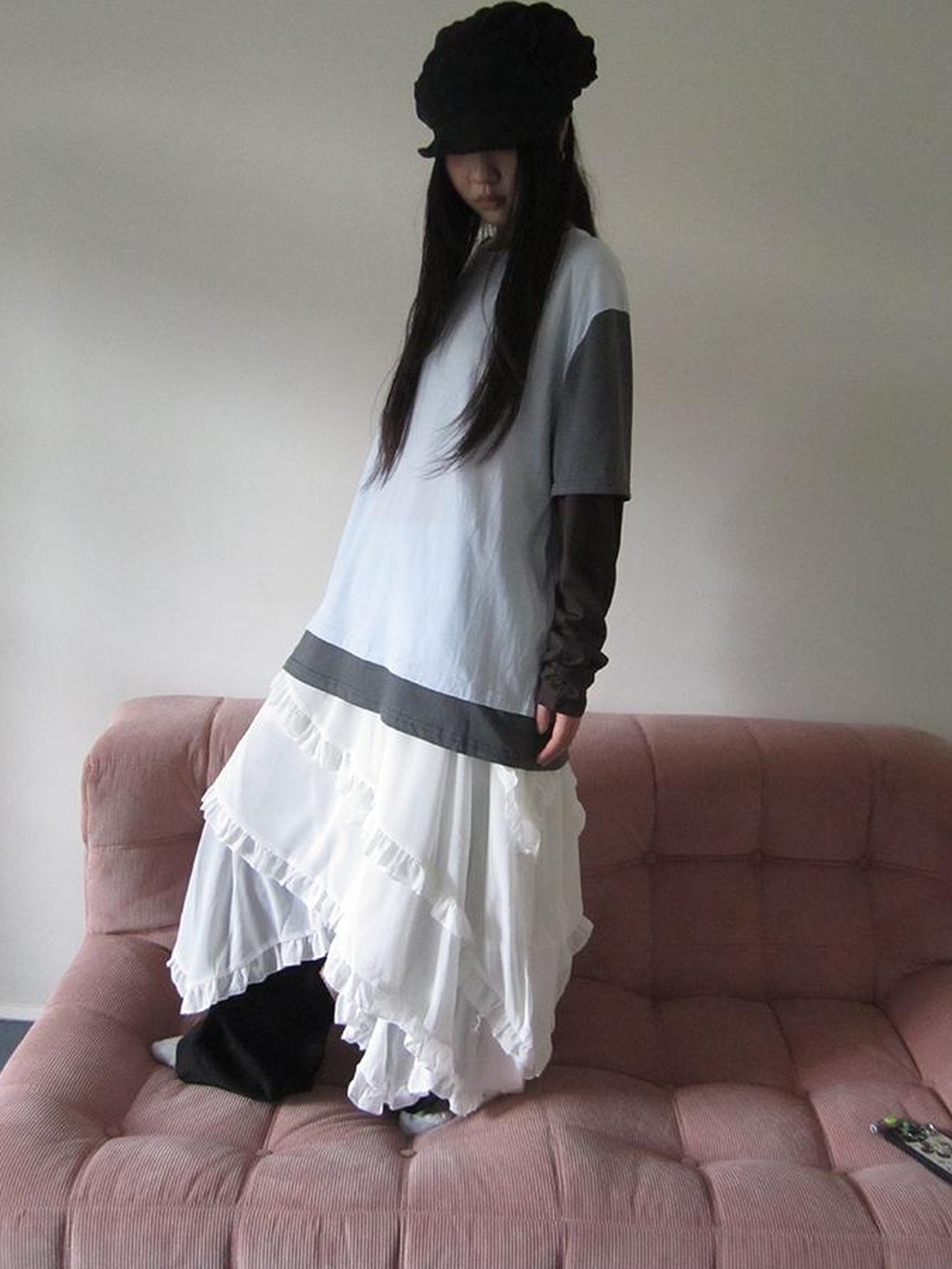 ang project Asymmetrical Hem Ruffle Waistband Skirt