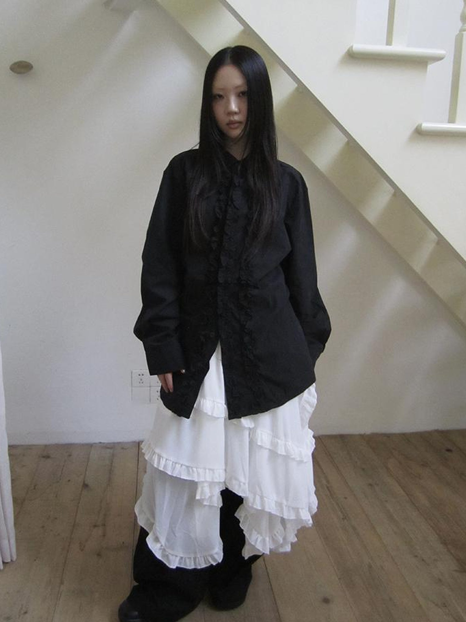 ang project Asymmetrical Hem Ruffle Waistband Skirt