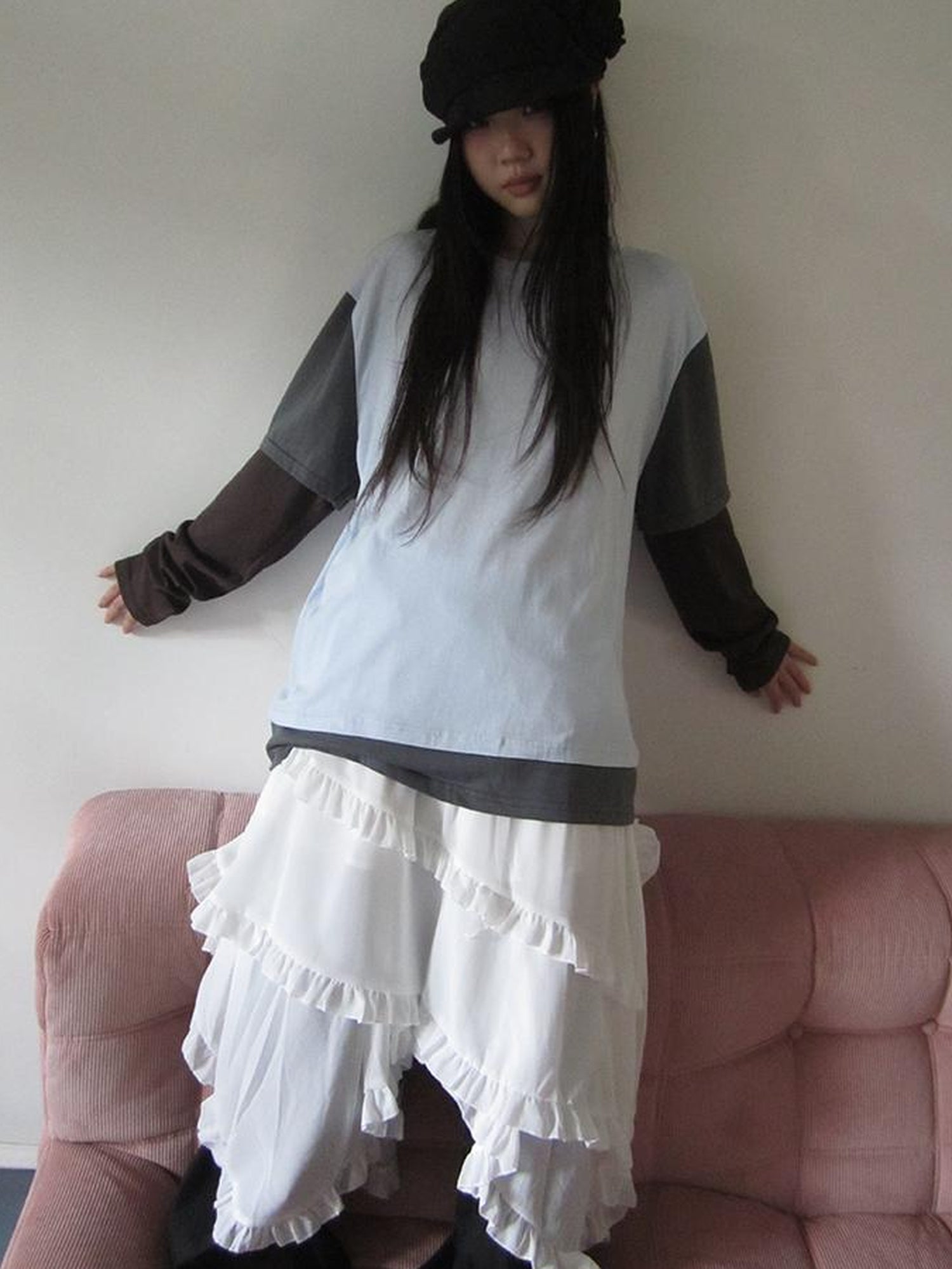 ang project Asymmetrical Hem Ruffle Waistband Skirt