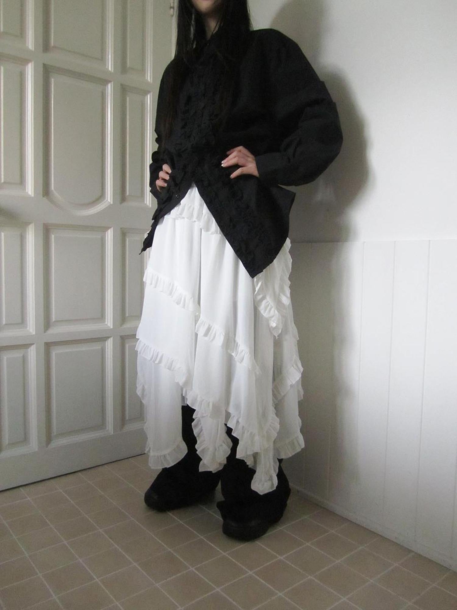 ang project Asymmetrical Hem Ruffle Waistband Skirt