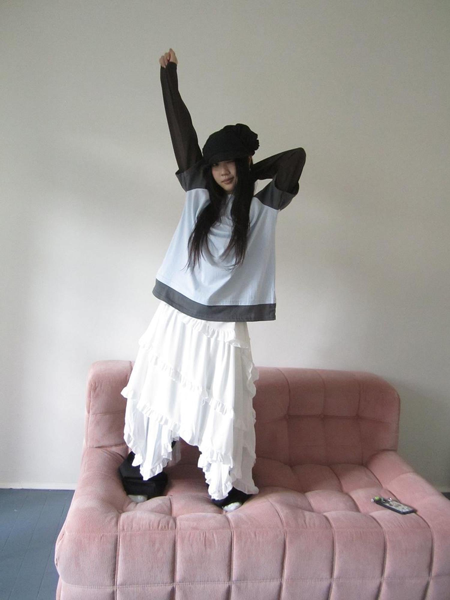 ang project Asymmetrical Hem Ruffle Waistband Skirt