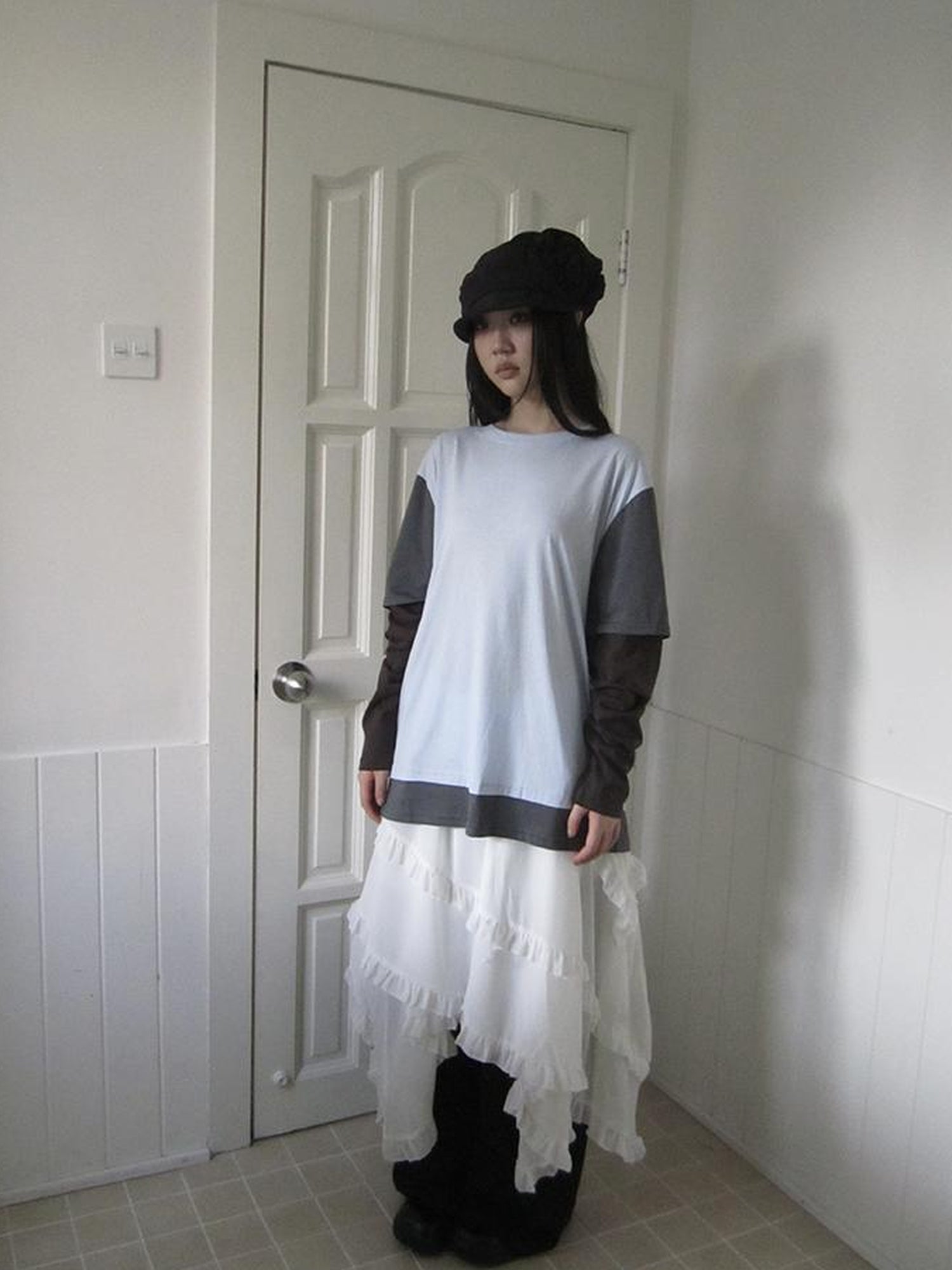 ang project Asymmetrical Hem Ruffle Waistband Skirt