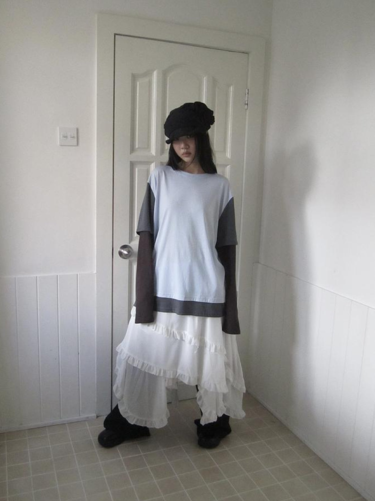 ang project Asymmetrical Hem Ruffle Waistband Skirt