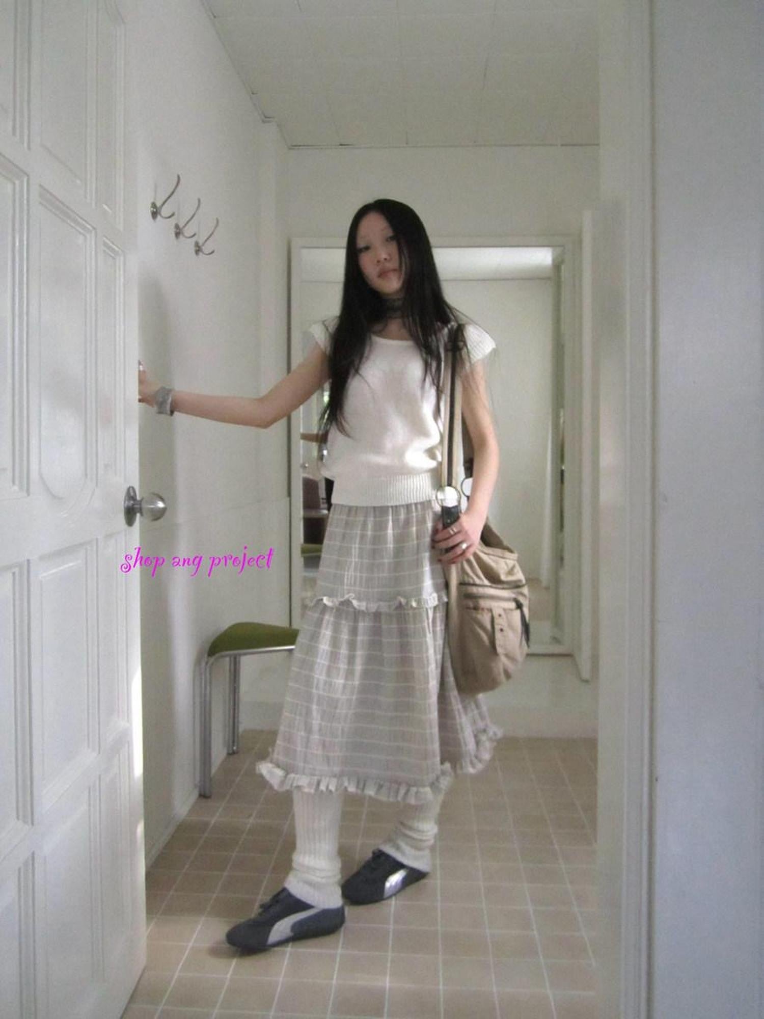 ang project Beige Gray Vintage Ruffle Edge Patchwork Striped A Line Women&