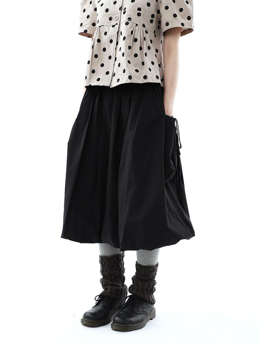 ang project Black Korean Pleated Tulip Pocket Lined Elastic Waist Women&