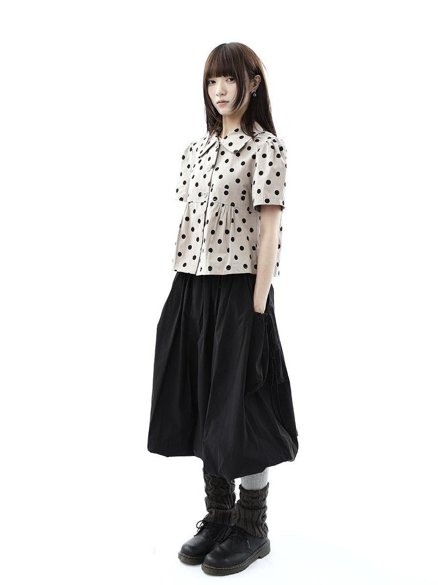 ang project Black Korean Pleated Tulip Pocket Lined Elastic Waist Women&