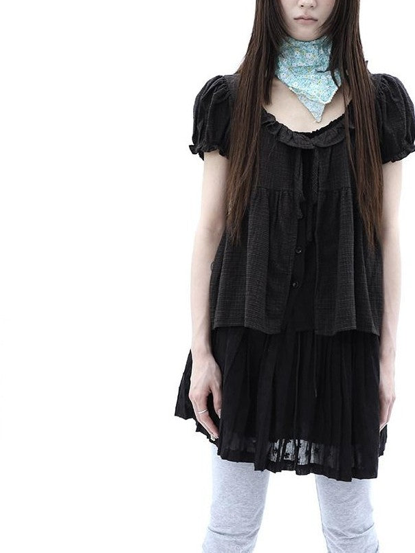 ang project Black Plaid Spliced Tie Faux Layered Puff Women&