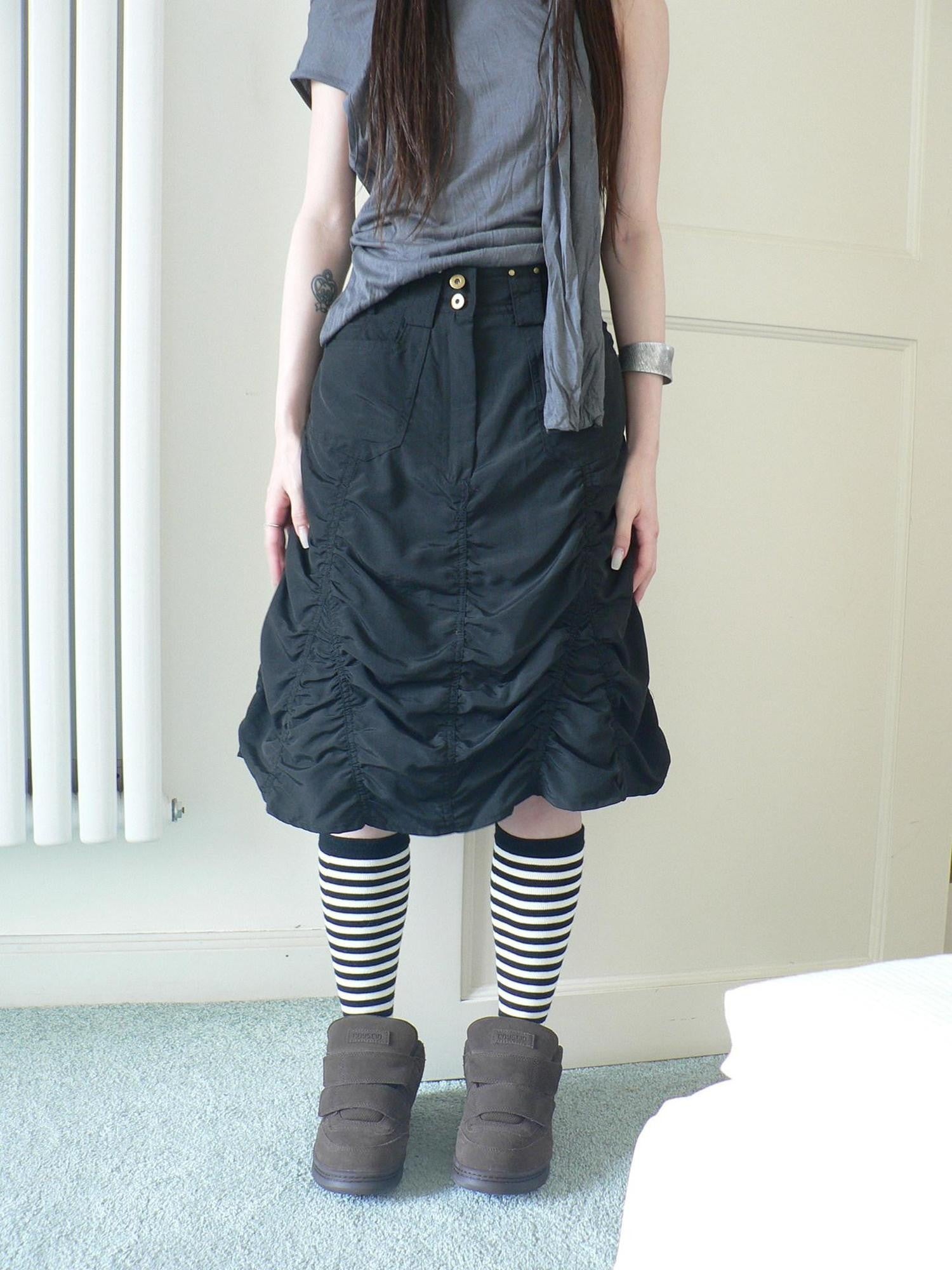 ang project Black Pressed Pleat A Line High Waist Button Pocket Cargo Women&