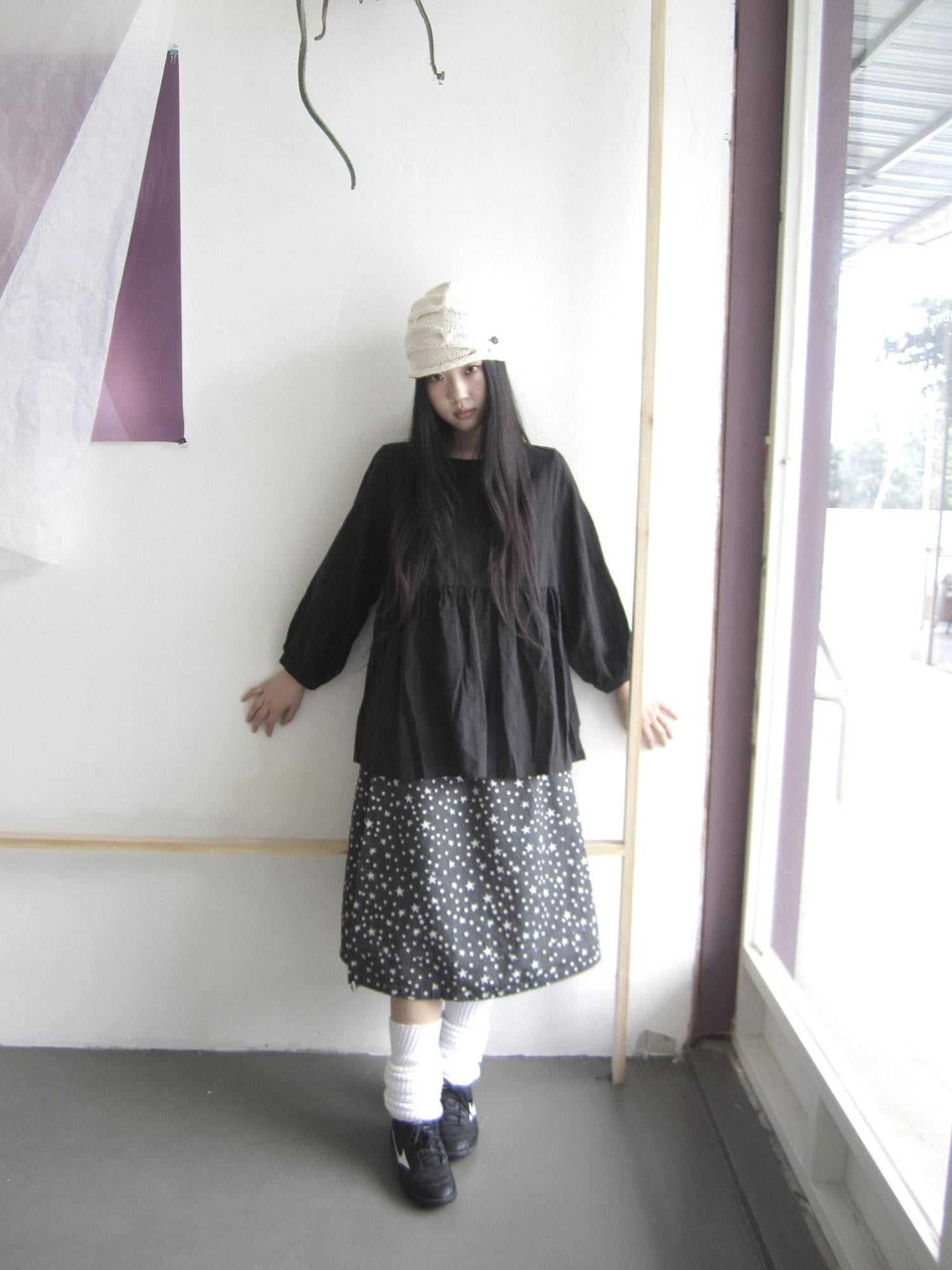 ang project Black Vintage Spliced Round Neck Thin Long Sleeve Women&